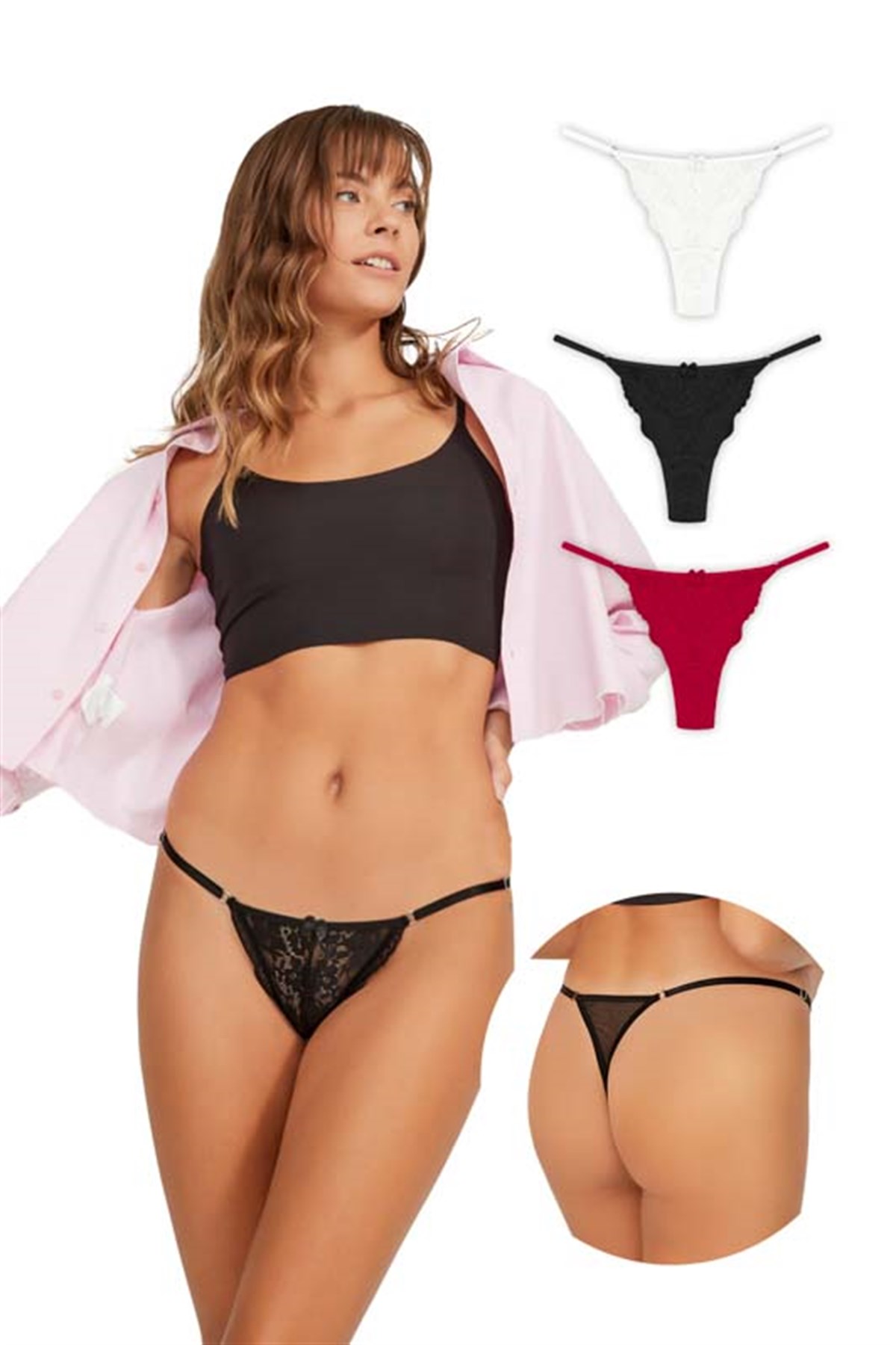 Önü Dantelli Tül Detaylı Kadın Tanga 3lü Paket Külot - 3