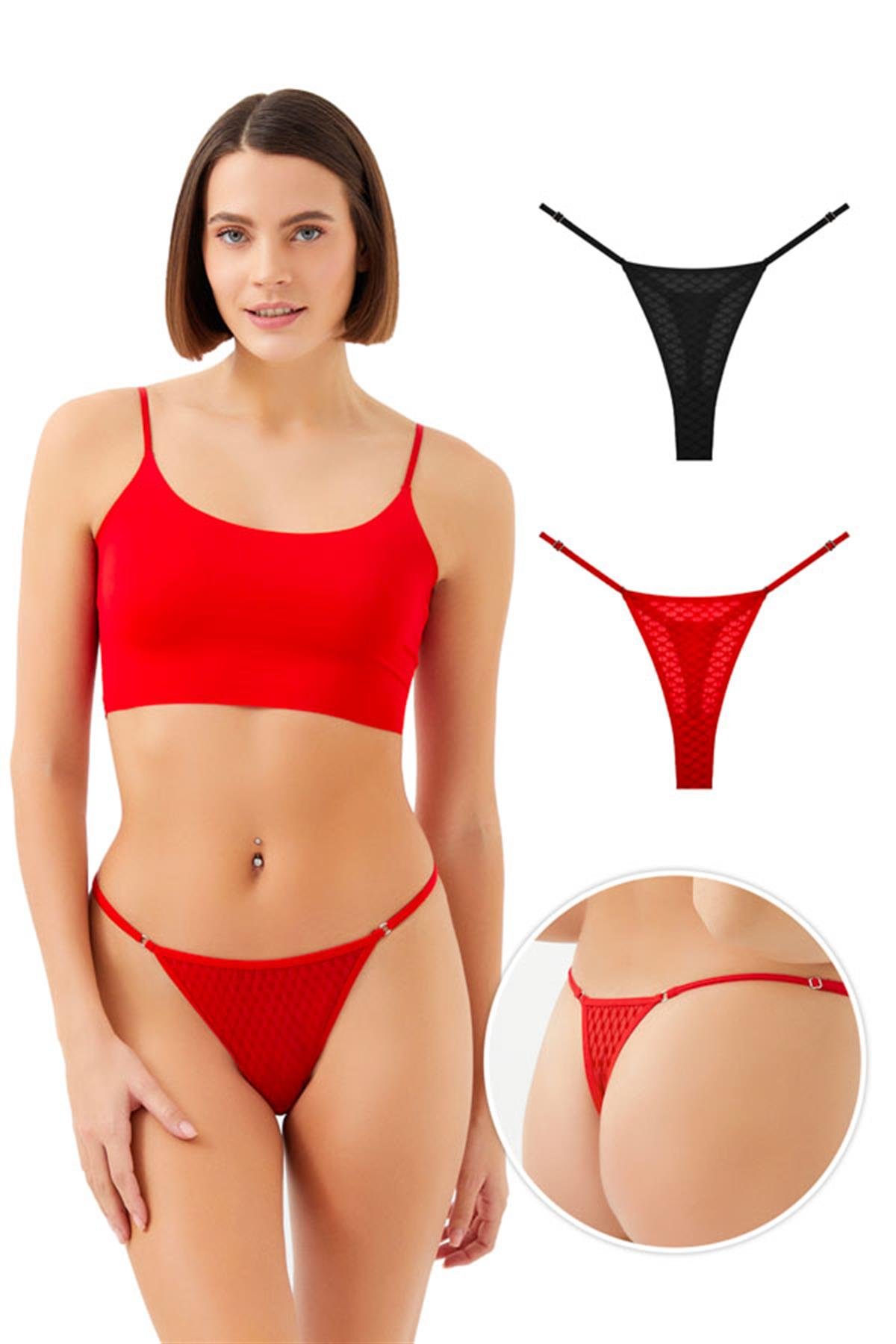 Puantiyeli Tüllü Ayarlanabilir Lastikli Kadın Tanga Külot 2li Paket