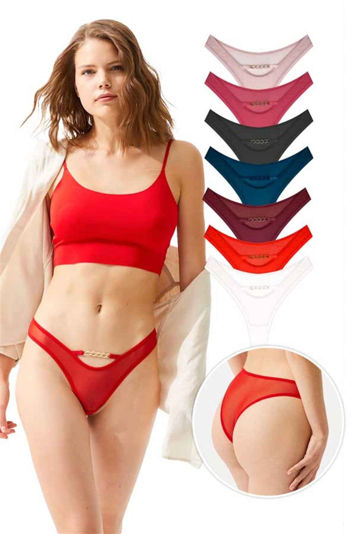 Tüllü Transparan Zincir Detaylı Kadın Brezilya Külot 7li Paket