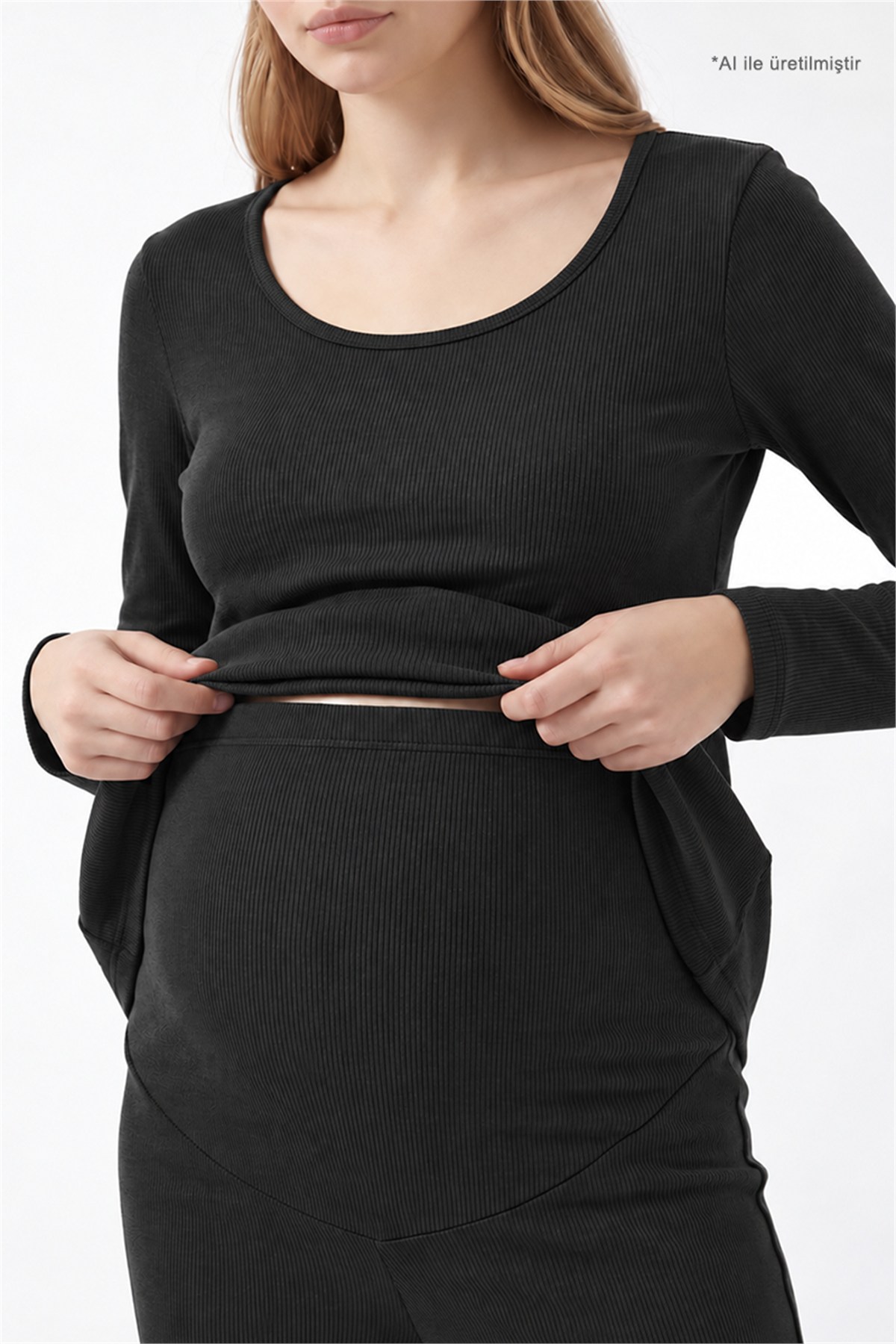 Premium - Serene Collection | Antrasit Yüksek Bel Bol Paça Rib Dokulu Viskon Hamile Pijama Takımı