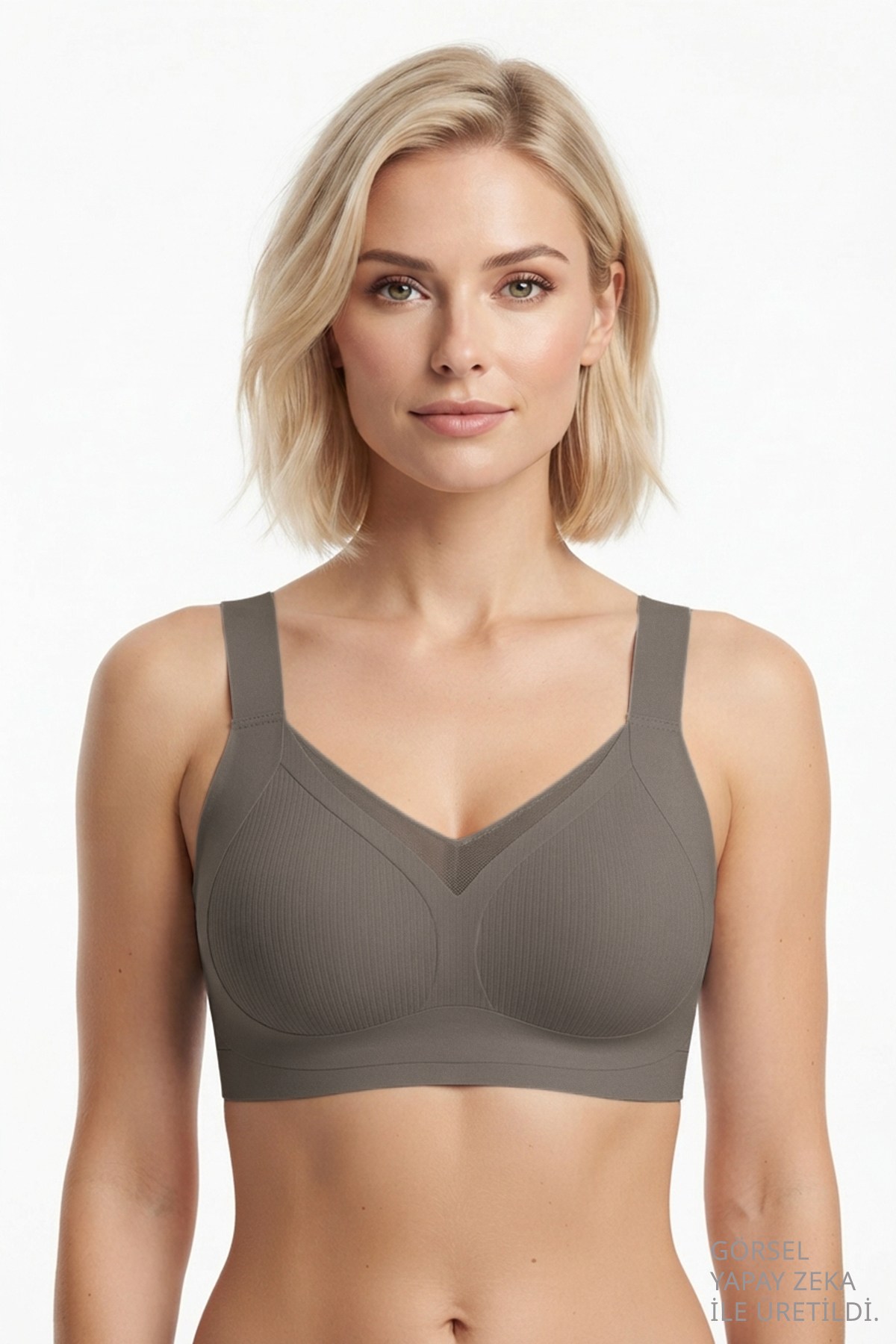 Seamless Bra - Elvora | Vizon Lazer Kesim Rib Dokulu Tül Detaylı Balensiz Kadın Sütyen