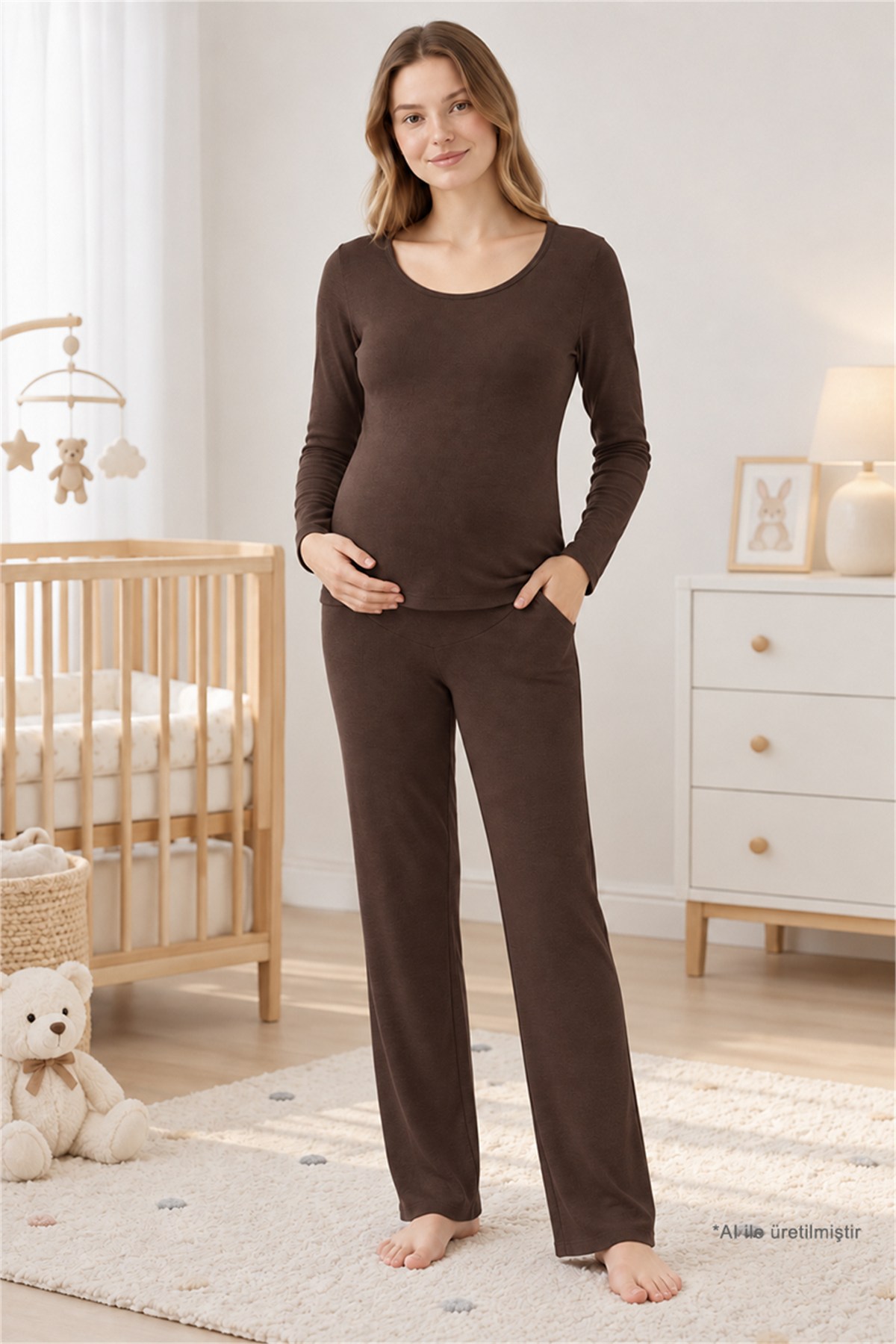 Premium - Serene Collection | Kahverengi Yüksek Bel Bol Paça Rib Dokulu Viskon Hamile Pijama Takımı