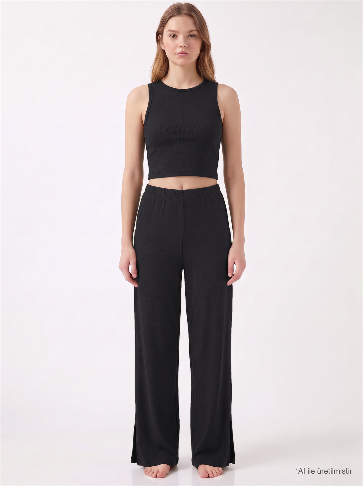 Premium - Serene Collection | Antrasit Rib Dokulu Önden Bağlamalı Viskon 3lü Kadın Pijama Takımı