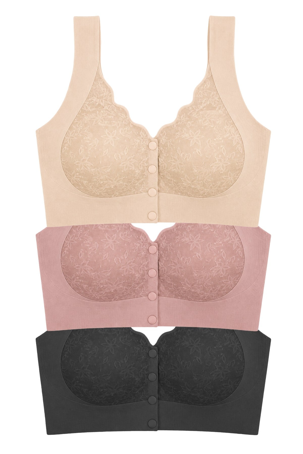 Seamless Bra - Lunessa | Lazer Kesim Dikişsiz Önden Düğmeli Dantelli Minimizer Kadın Sütyen 3lü Paket-2
