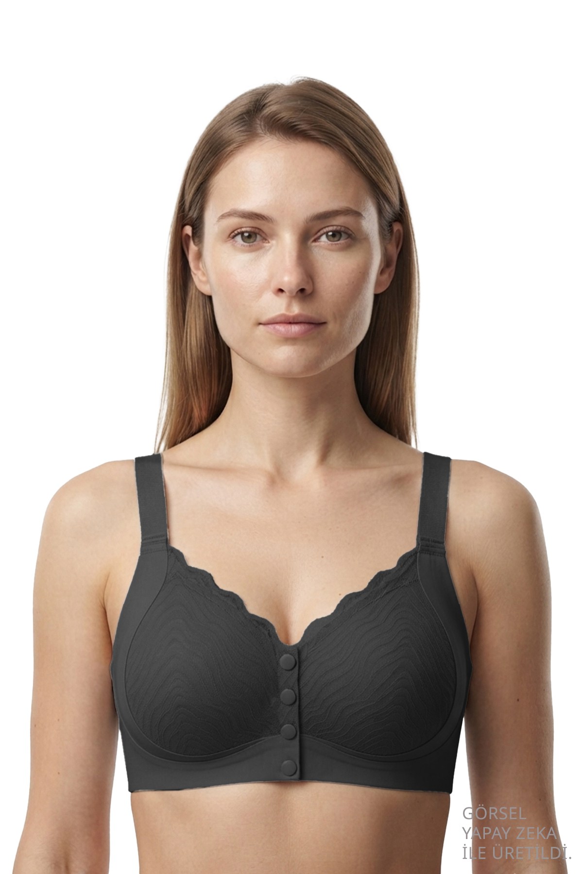 Seamless Bra - Larevia | Siyah Lazer Kesim Önden Düğmeli Tül Detaylı Kadın Sütyen