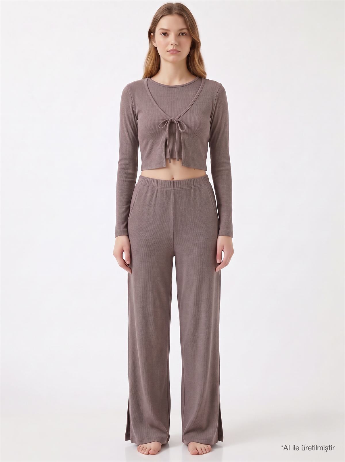 Premium - Serene Collection | Vizon Rib Dokulu Önden Bağlamalı Viskon 3lü Kadın Pijama Takımı