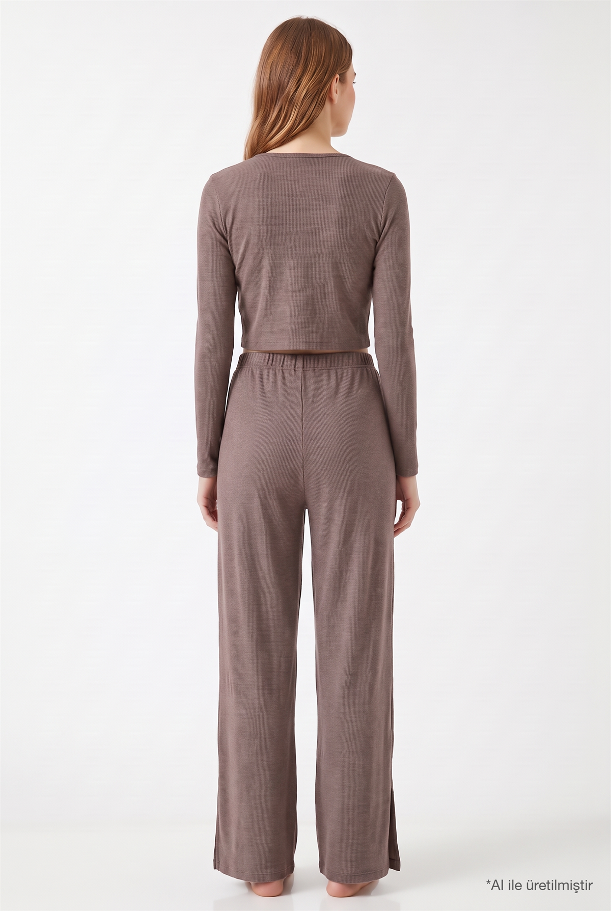 Premium - Serene Collection | Vizon Rib Dokulu Önden Bağlamalı Viskon 3lü Kadın Pijama Takımı