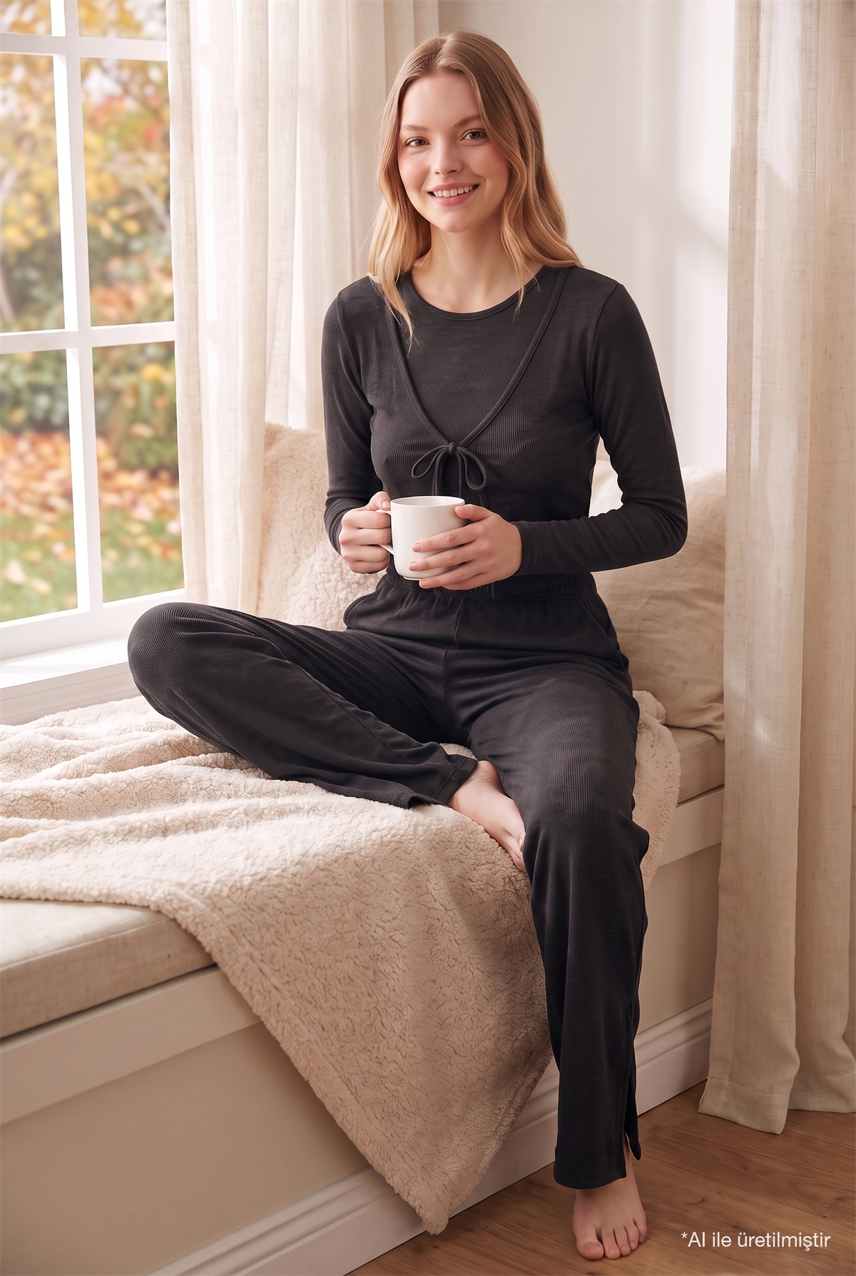 Premium - Serene Collection | Antrasit Rib Dokulu Önden Bağlamalı Viskon 3lü Kadın Pijama Takımı
