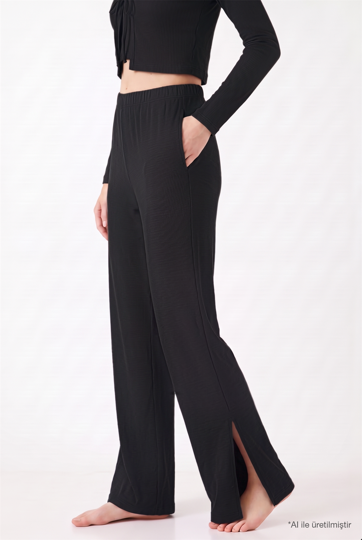 Premium - Serene Collection | Antrasit Rib Dokulu Önden Bağlamalı Viskon 3lü Kadın Pijama Takımı