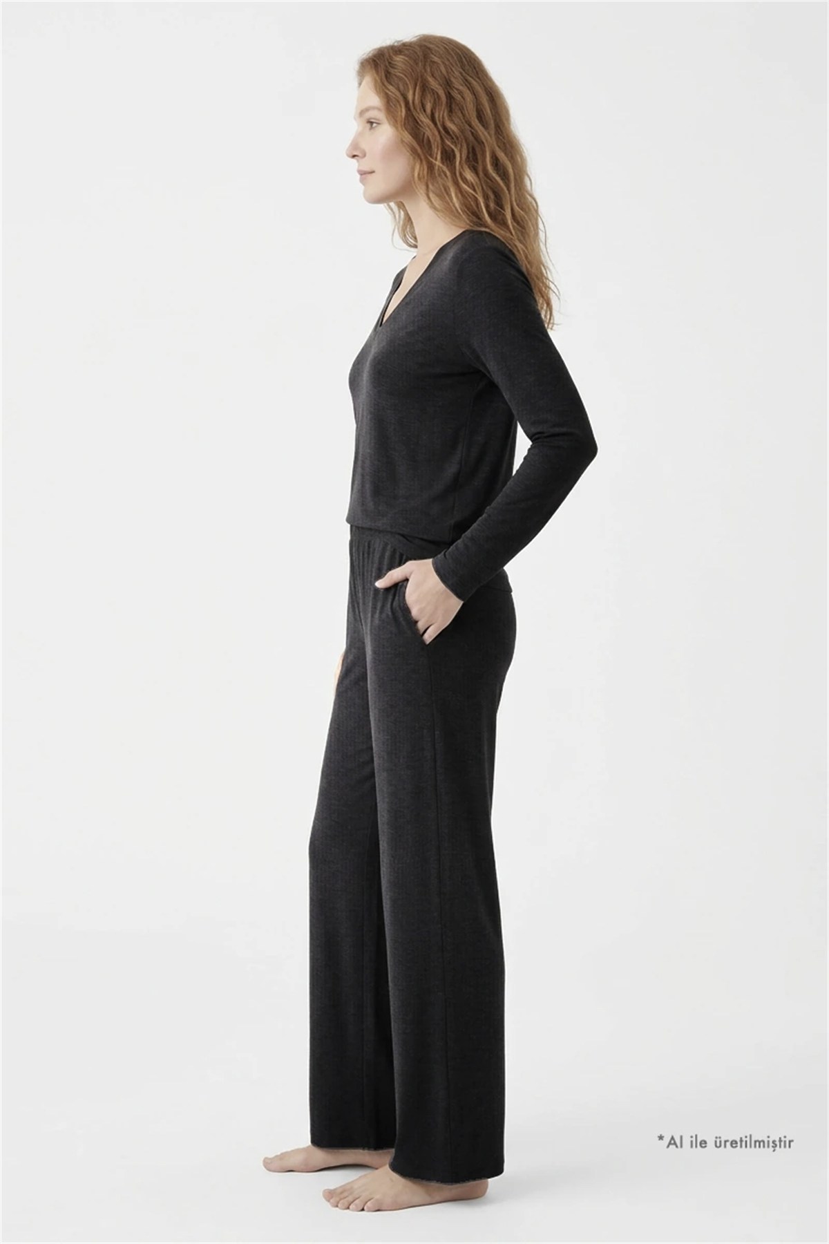 Premium - Serene Collection | Antrasit Rib Dokulu Bol Paça V Yaka Viskon Kadın Pijama Takımı