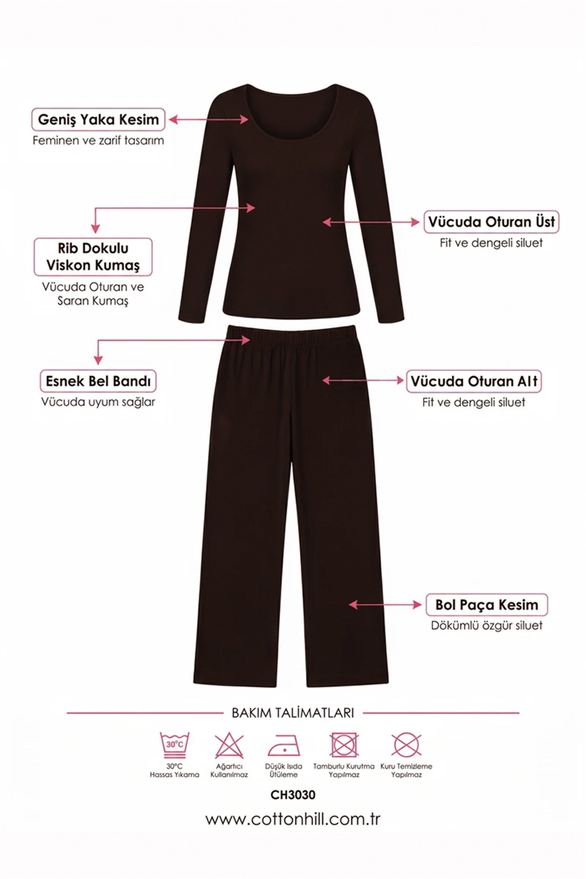 Premium - Serene Collection |Kahverengi Rib Dokulu Vücuda Oturan Bol Paça Viskon Kadın Pijama Takımı