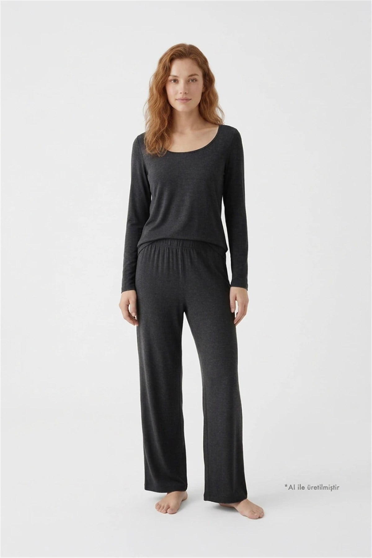 Premium - Serene Collection | Antrasit Rib Dokulu Uzun Kollu Bol Paça Viskon Kadın Pijama Takımı