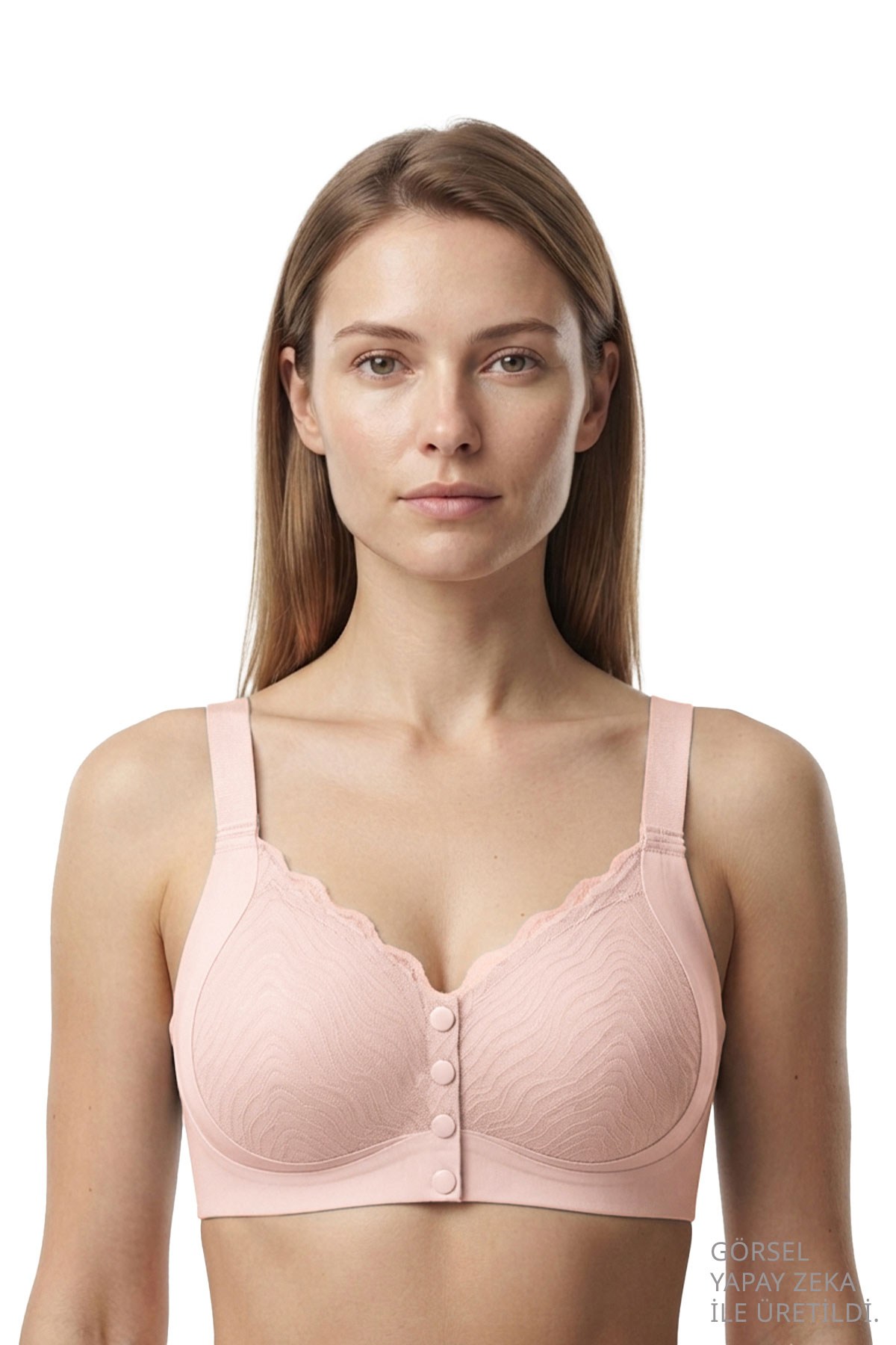 Seamless Bra - Larevia | Pudra Lazer Kesim Önden Düğmeli Tül Detaylı Kadın Sütyen