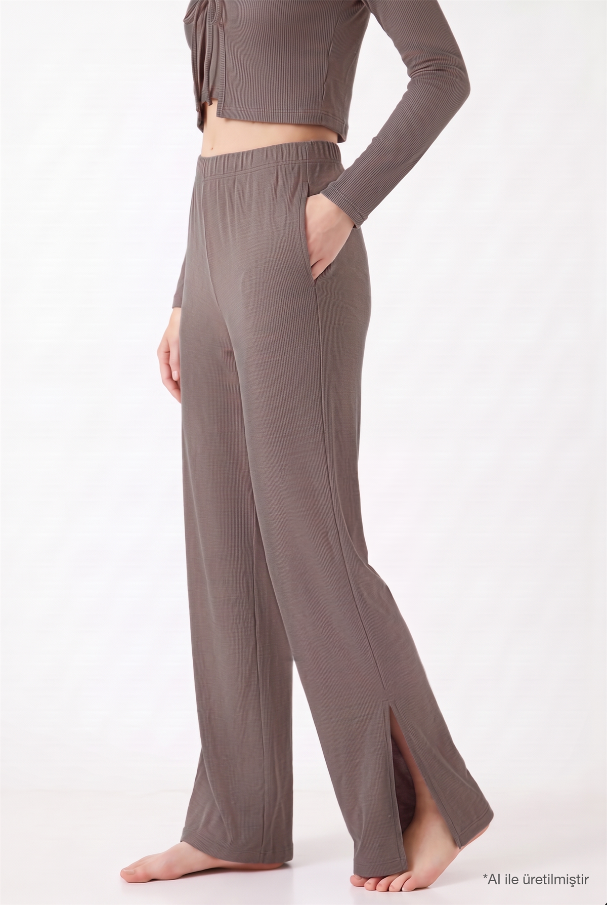 Premium - Serene Collection | Vizon Rib Dokulu Önden Bağlamalı Viskon 3lü Kadın Pijama Takımı