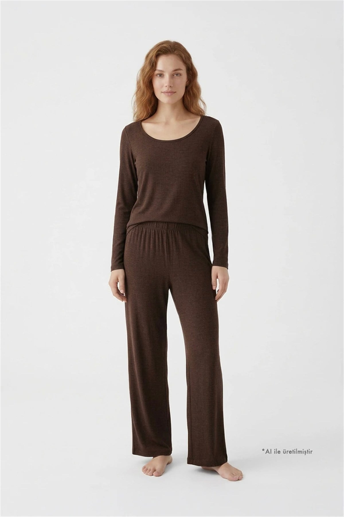 Premium - Serene Collection | Kahverengi Rib Dokulu Uzun Kollu Bol Paça Viskon Kadın Pijama Takımı
