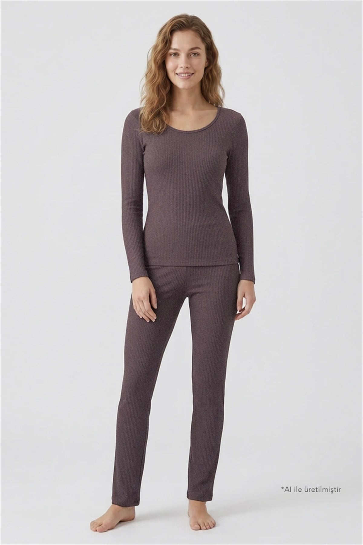 Premium - Serene Collection | Vizon Rib Dokulu Vücuda Oturan Bol Paça Viskon Kadın Pijama Takımı