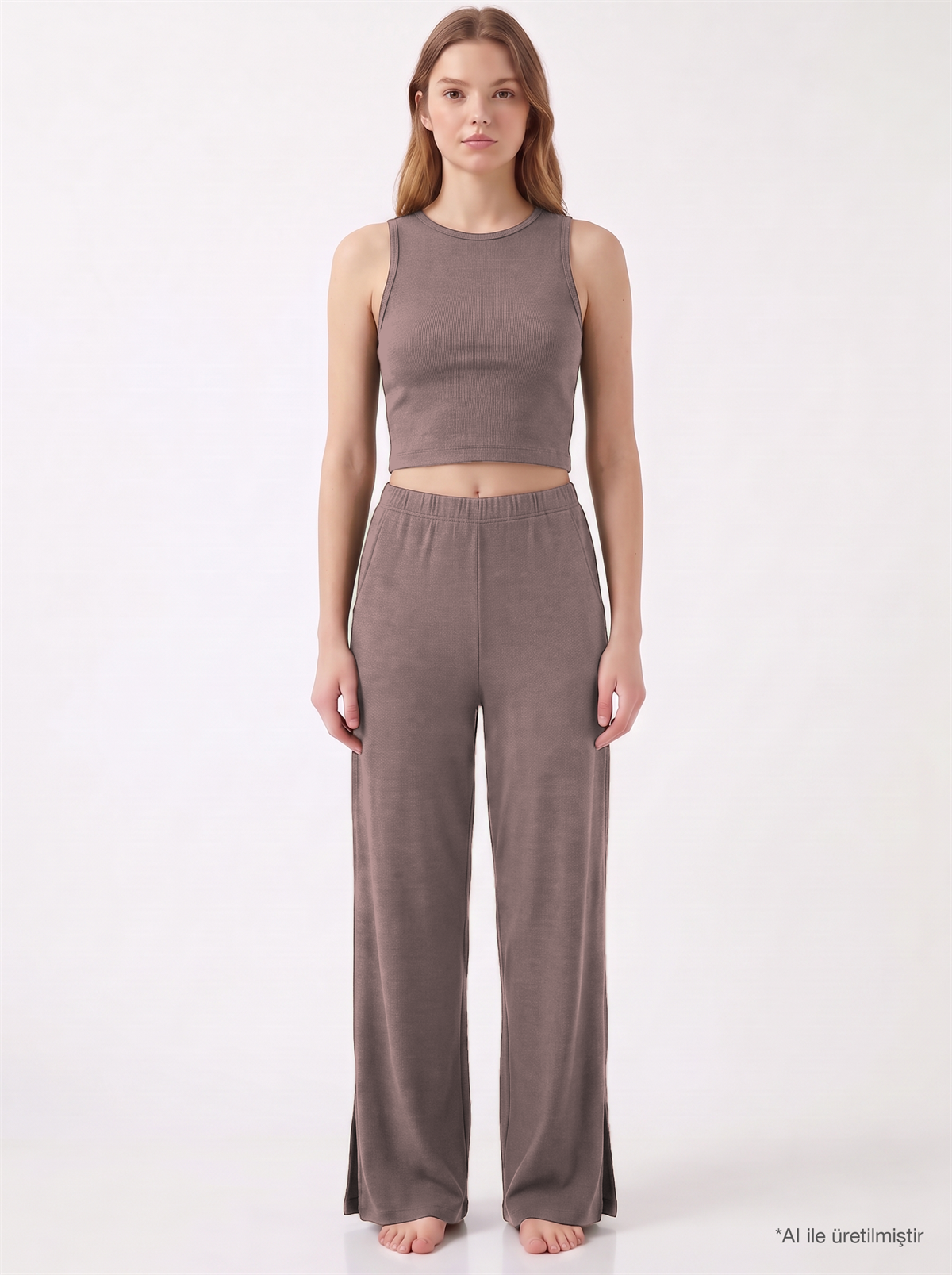 Premium - Serene Collection | Vizon Rib Dokulu Önden Bağlamalı Viskon 3lü Kadın Pijama Takımı