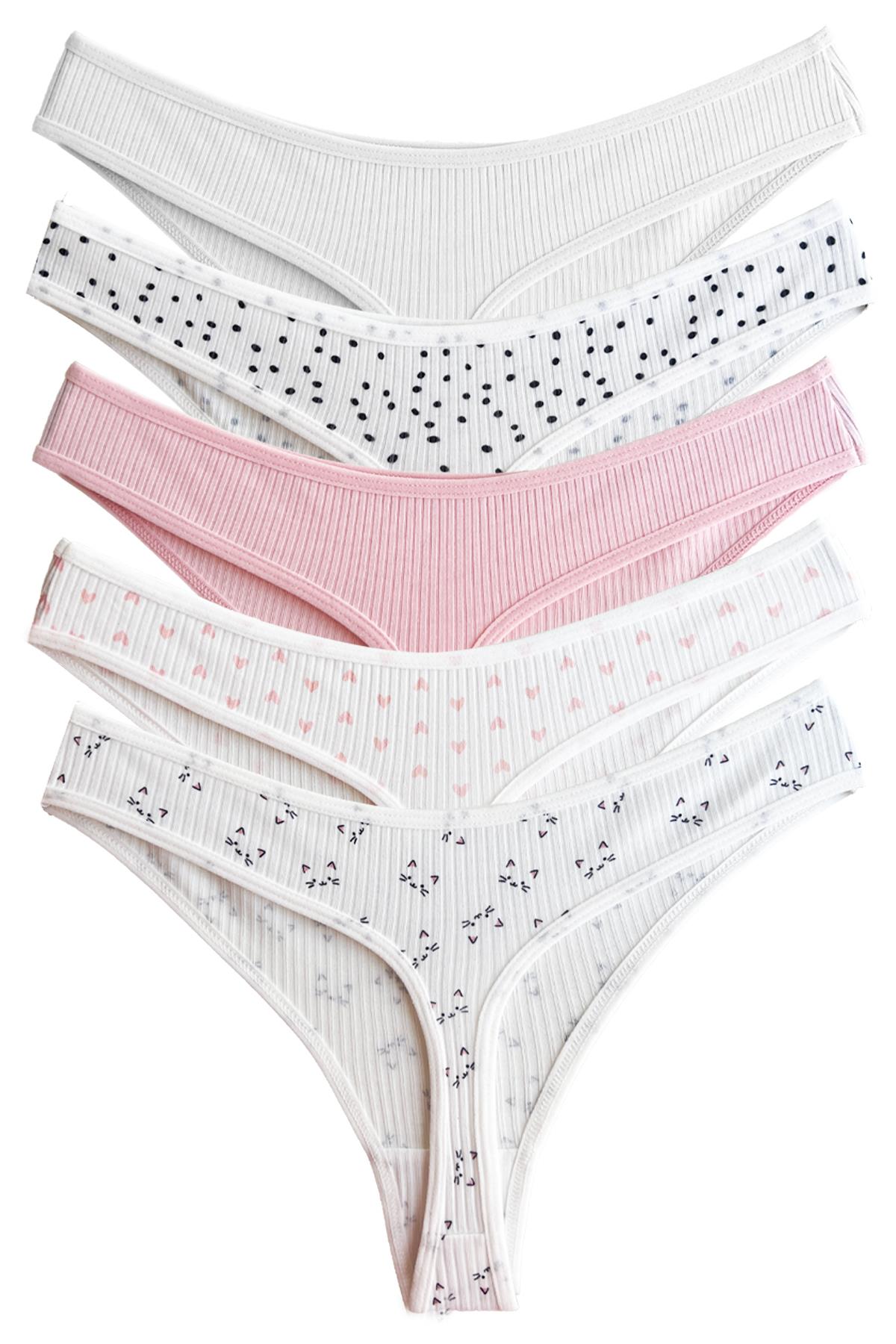 Pamuklu Desenli Kaşkorse Kadın Tanga Külot 5li Paket