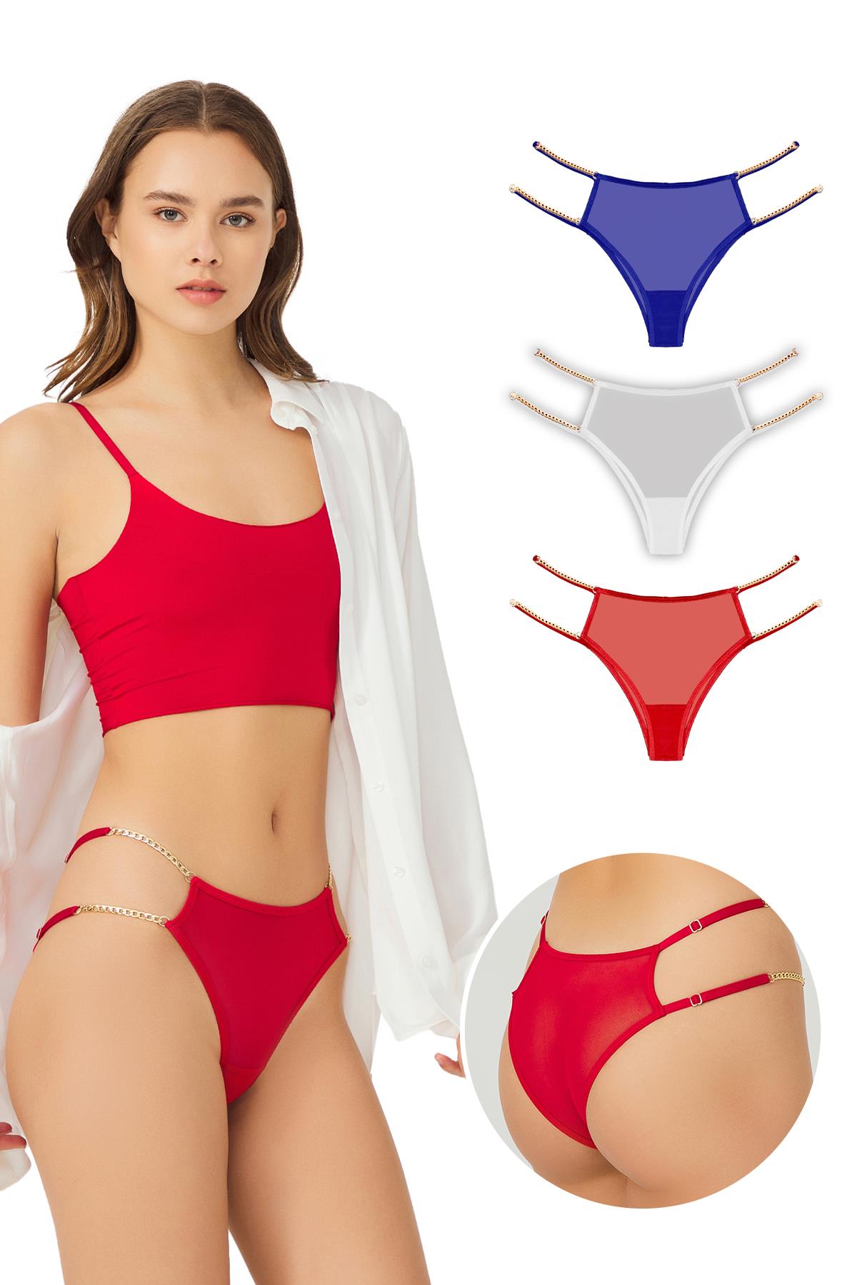 Tüllü Ayarlanabilir Lastikli Kadın Brezilya Külot 3lü Paket-2