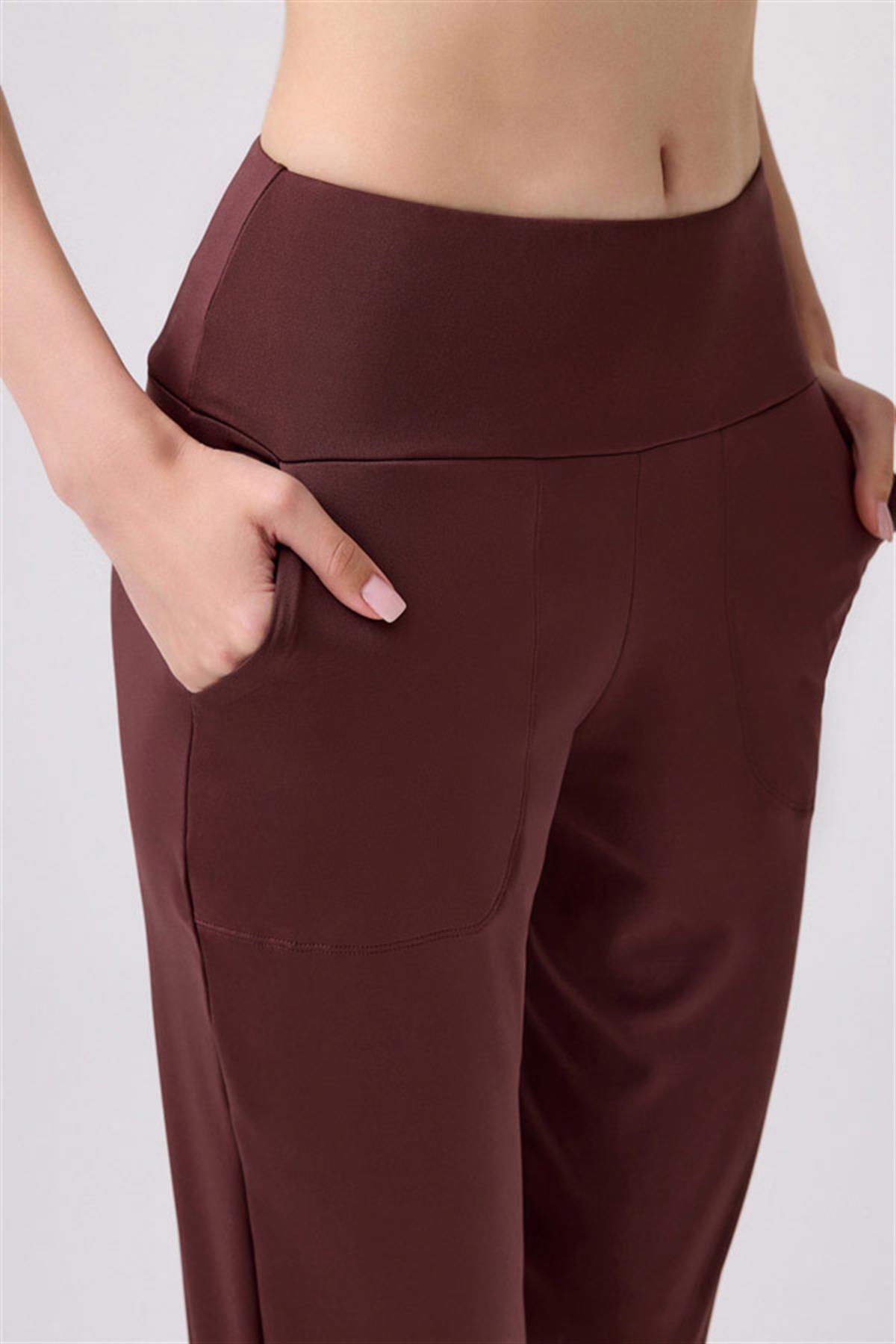 Kahverengi Yüksek Bel Çift Cepli Kadın Jogger Eşofman Altı