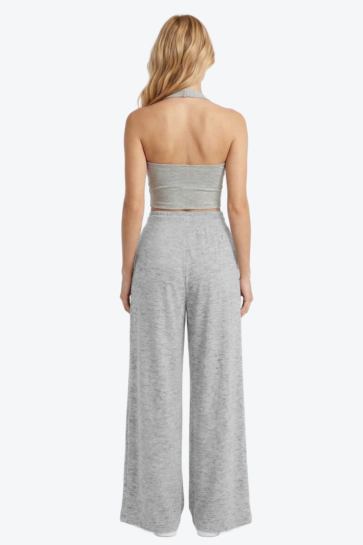 Gri Melanj Viskon Basic Yüksek Bel Bol Paça Bağcıklı Kadın Pantolon