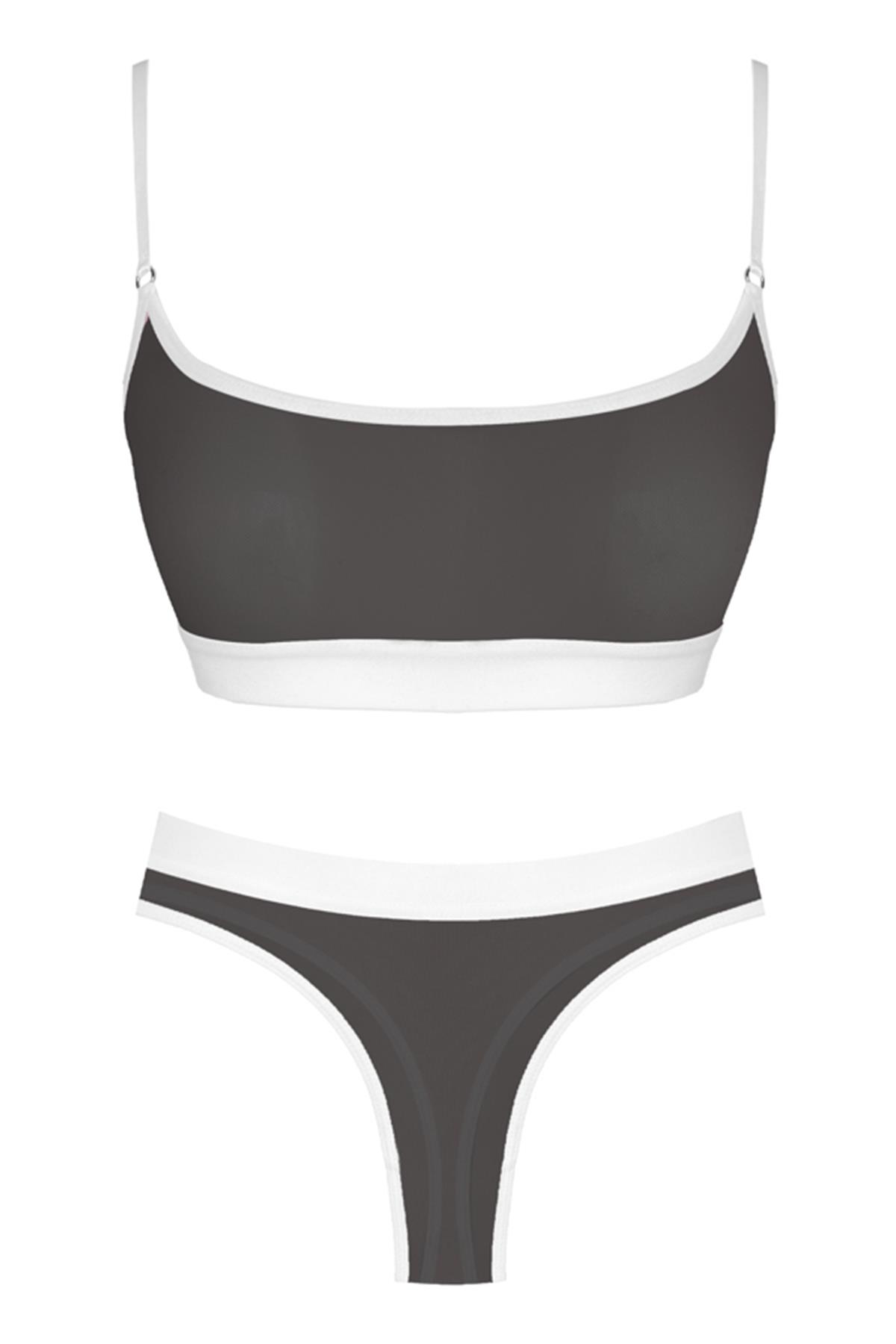 Siyah Beyaz Lastik Detaylı Transparan Tüllü Ayarlanabilir Askılı Kadın Sütyen Takımı