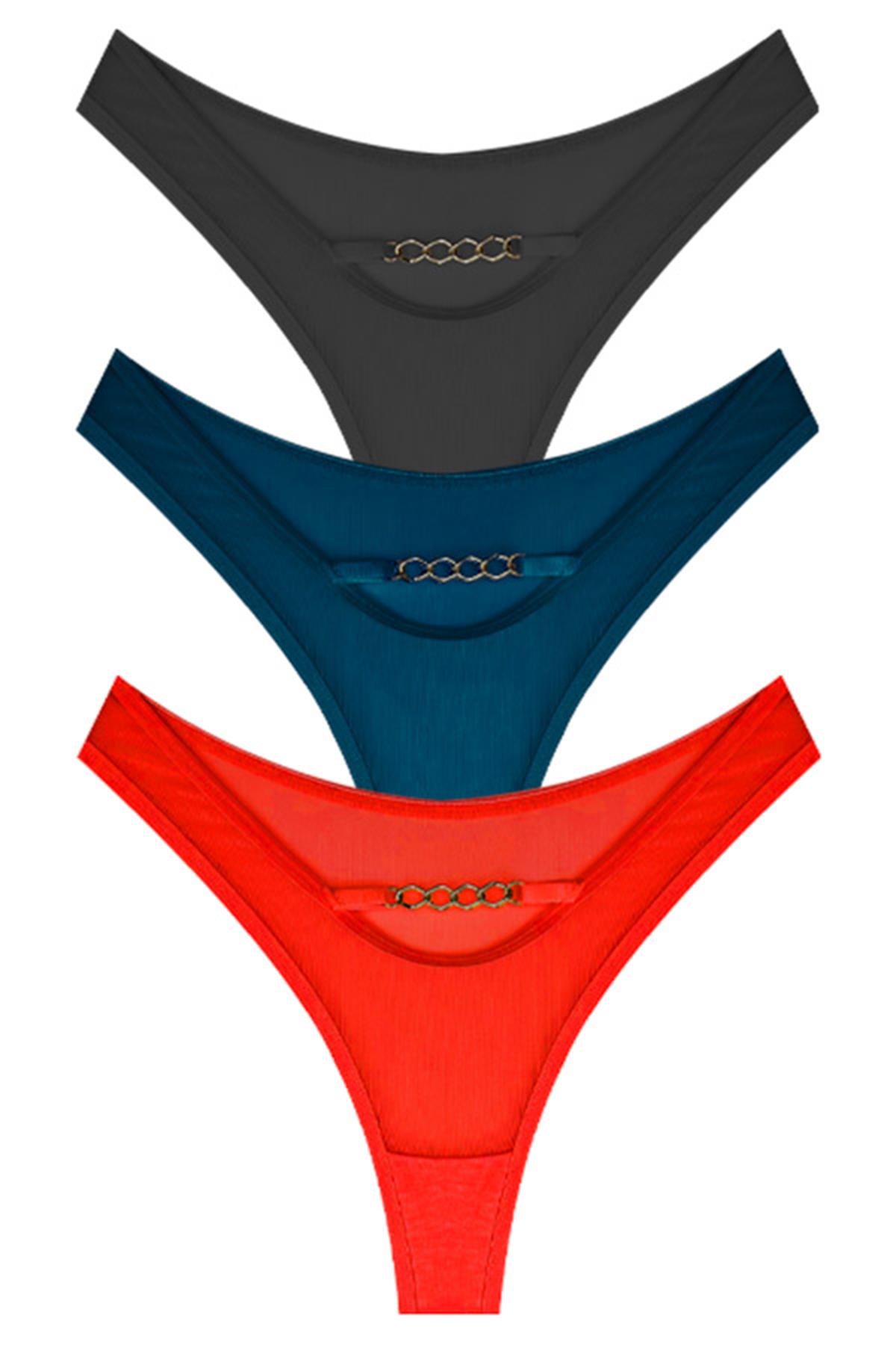 Tüllü Transparan Zincir Detaylı Kadın Brezilya Külot 3lü Paket-2