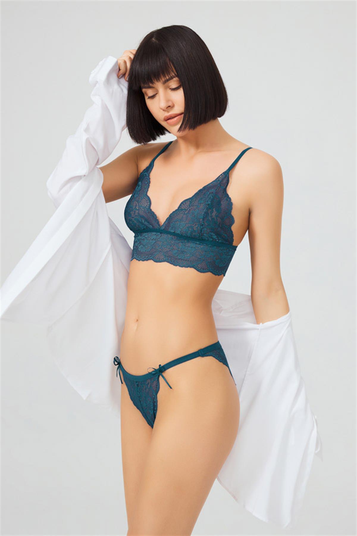 Tenan Yeşili Dantelli Transparan Balensiz Kadın Sütyen Takımı