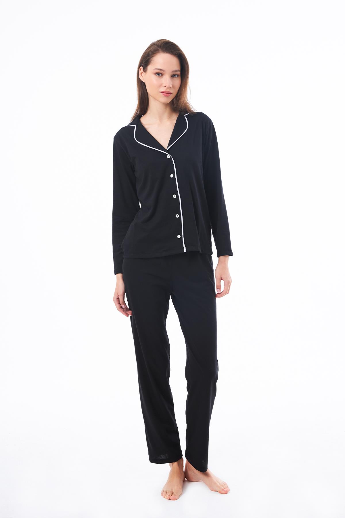 Siyah Önden Düğmeli Pamuklu Kadın Pijama Takımı 