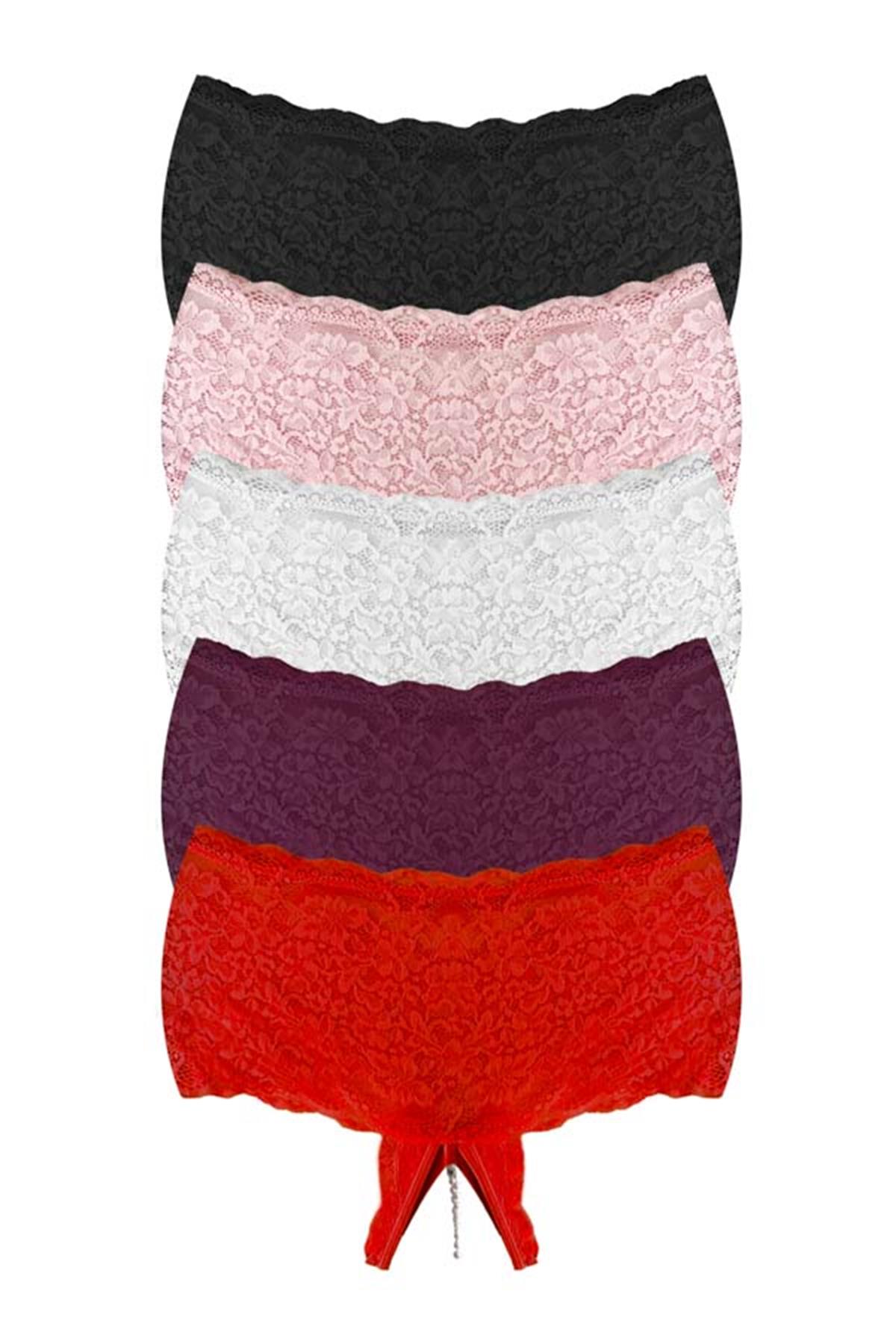 Dantelli Boncuk Detaylı Özel Bölgesi Açık Büyük Beden Kadın Tanga Külot 5li Paket