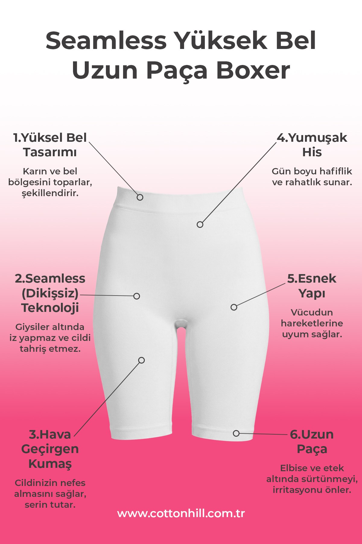 Cottonhill Premium - Kadın Beyaz Ultra-Rahat Seamless Yüksek Bel Uzun Paça Boxer