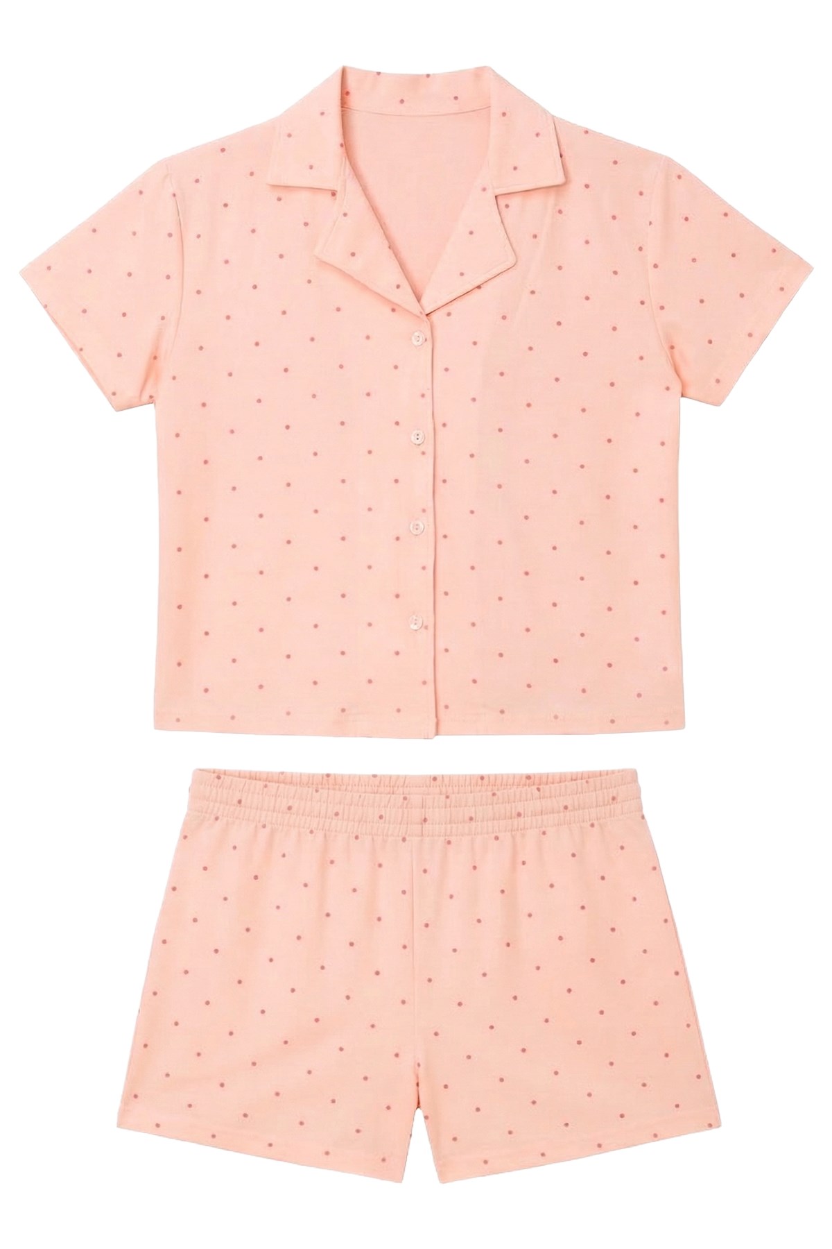 Pudra Puantiyeli Yumuşak Dokulu Gömlek Yaka Kadın Şortlu Pijama Takımı