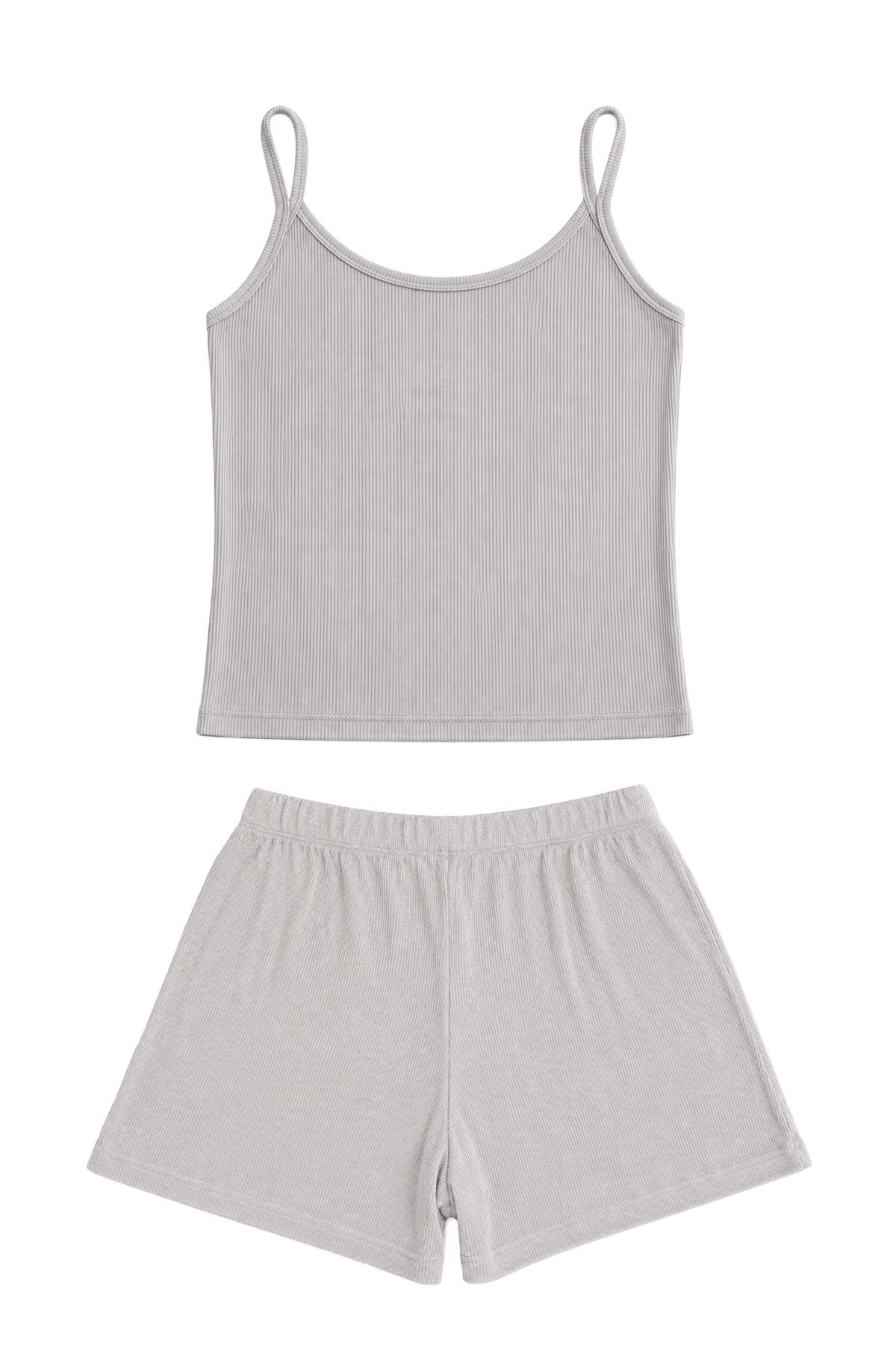 Premium - Neat Collection | Gri Rib Dokulu İnce Askılı Modal Viskon Şortlu Kadın Pijama Takımı