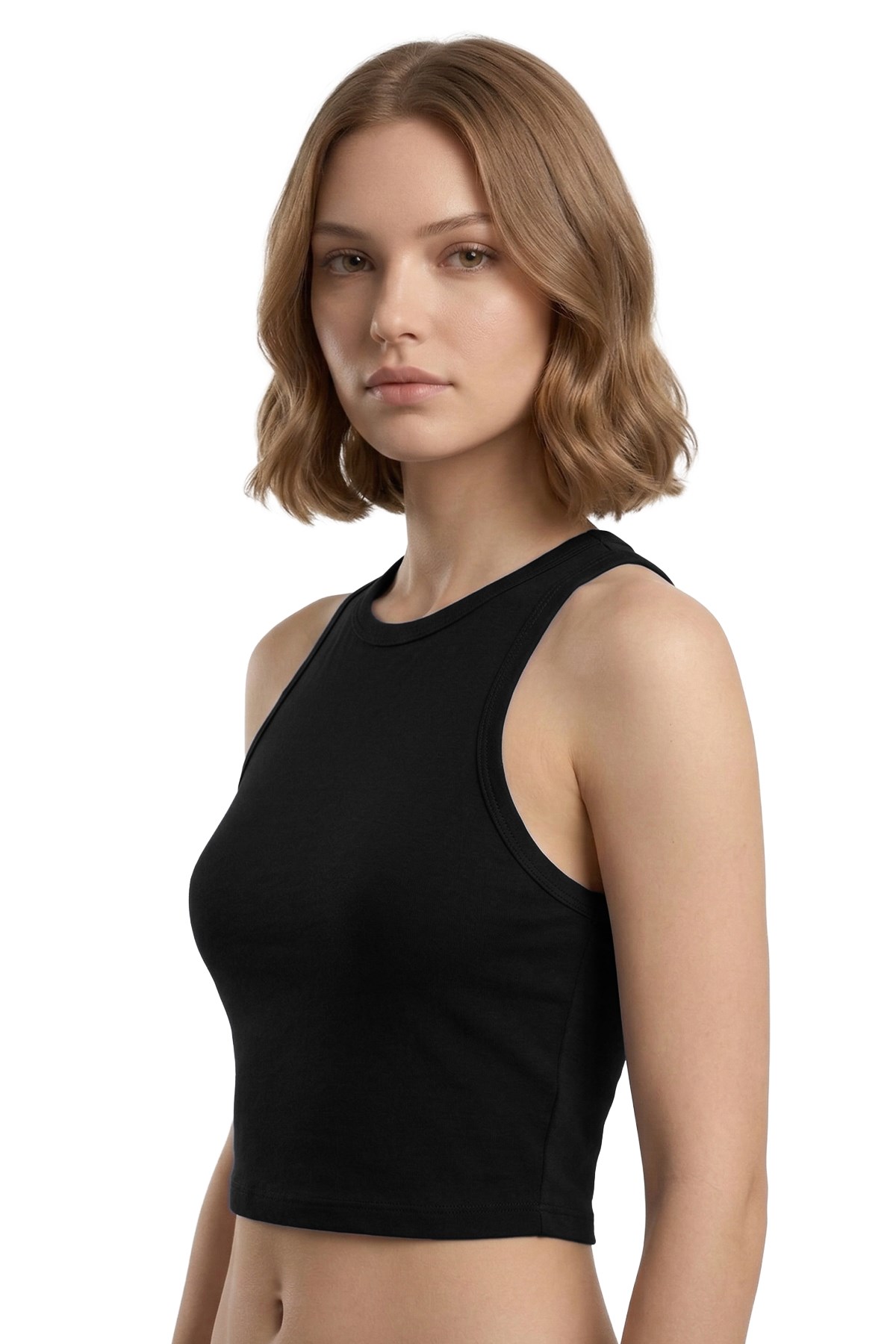 Siyah Viskon Bisiklet Yaka Kolsuz Kadın Crop Atlet