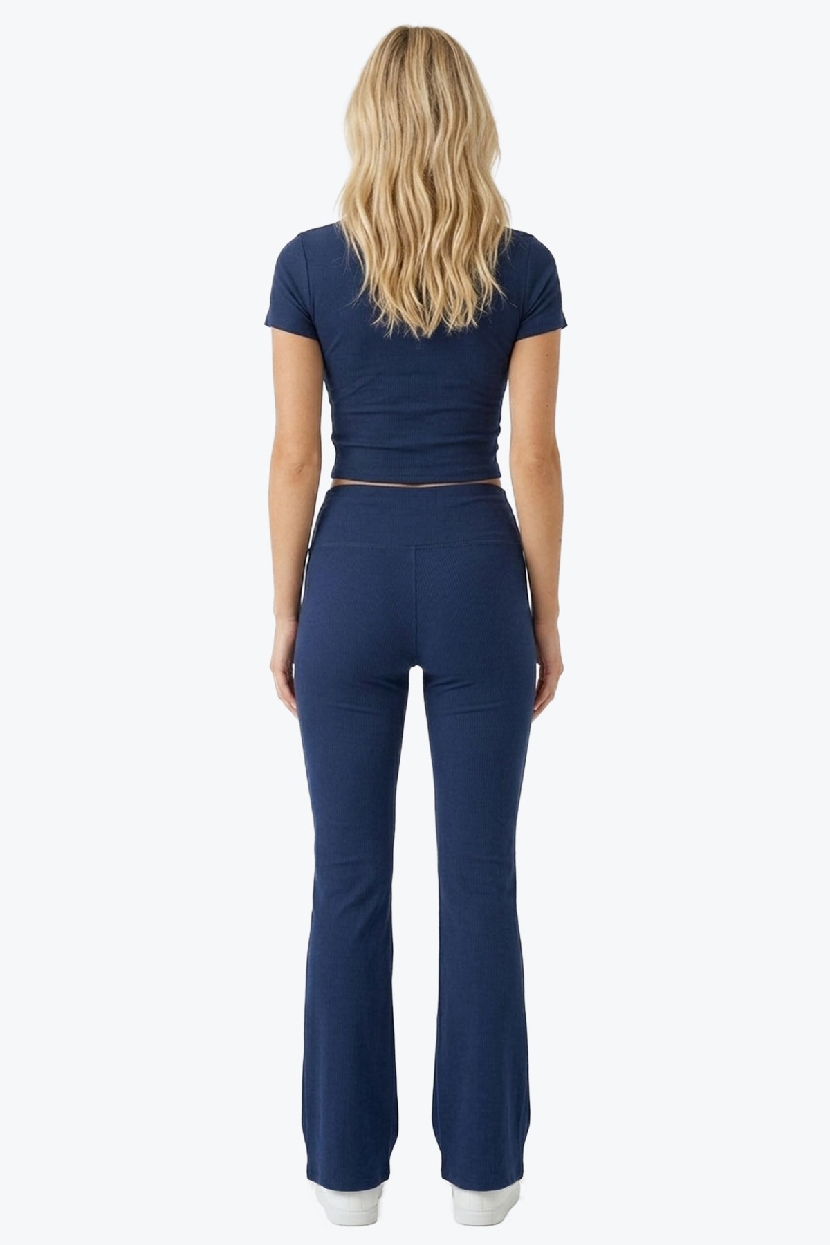 Lacivert Viskon Yüksek Bel Önü Büzgülü İspanyol Paça Kadın Pantolon Flared