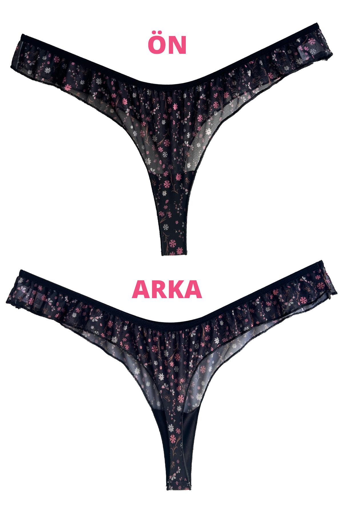 Siyah Çiçek Desenli Tül Kenarları Fırfırlı Tanga Külot