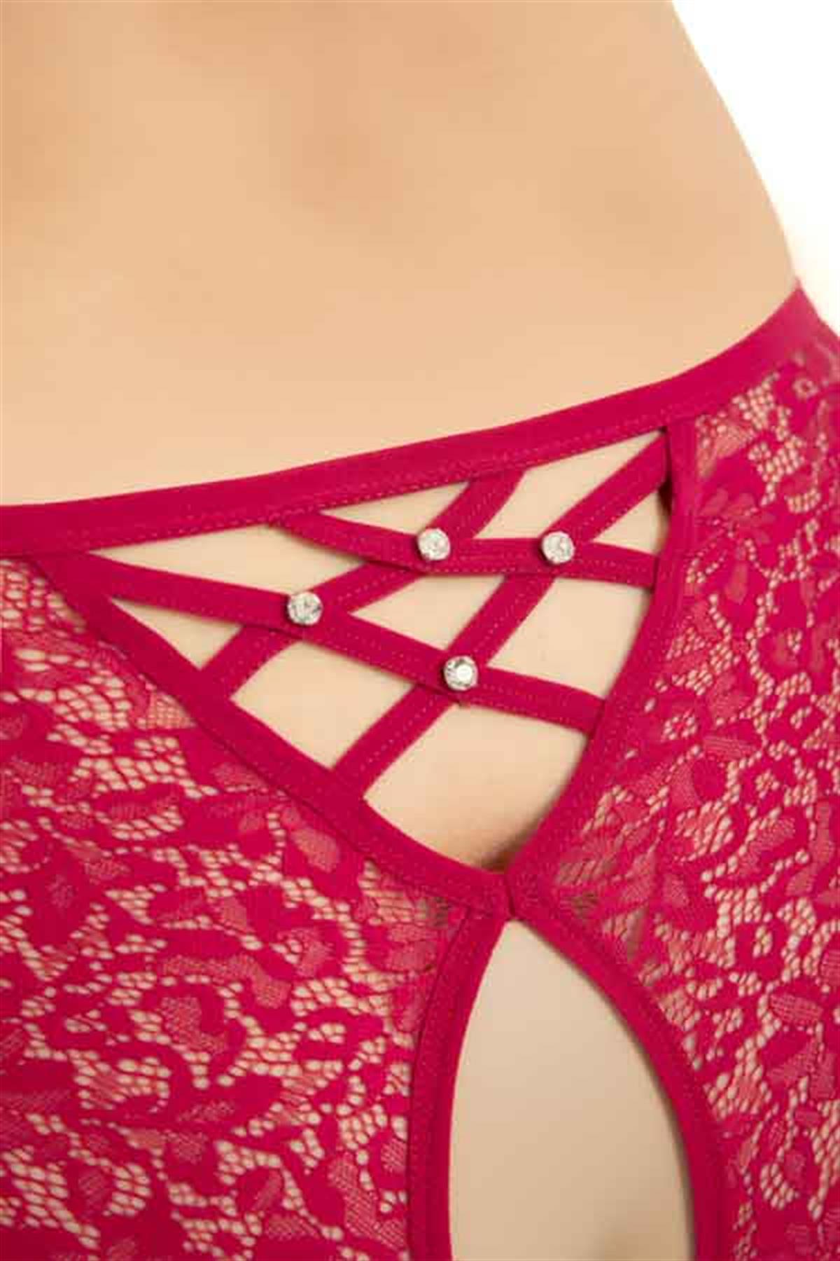 Transparan Tüllü Dantel ve Taş Detaylı Özel Bölgesi Açık Büyük Beden Kadın Tanga Külot 3lü Paket-2