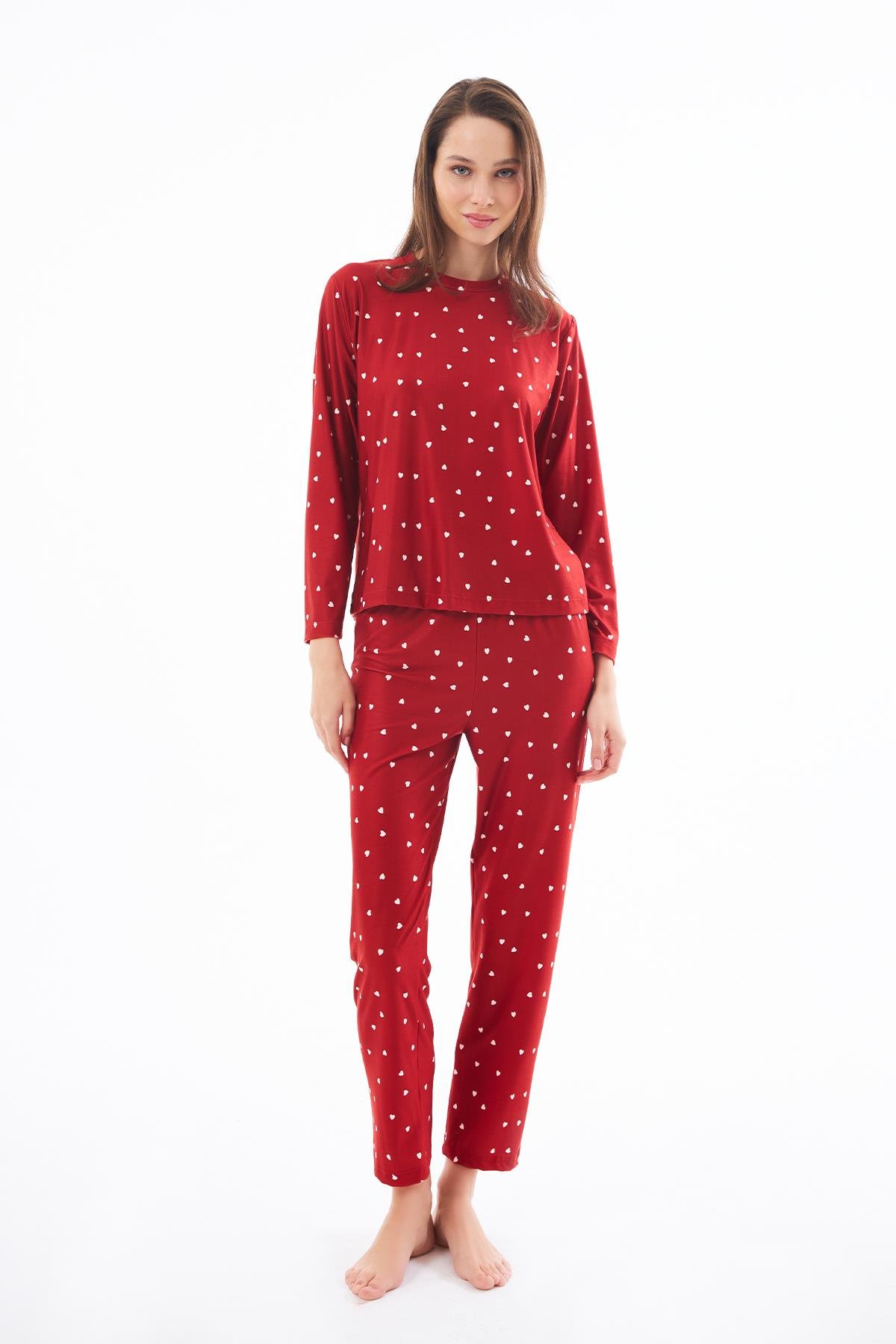 Premium  Kadın Pijama Takımı Kırmızı Kalp Desenli Yumuşak Dokulu Bisiklet Yaka Uzun Kollu