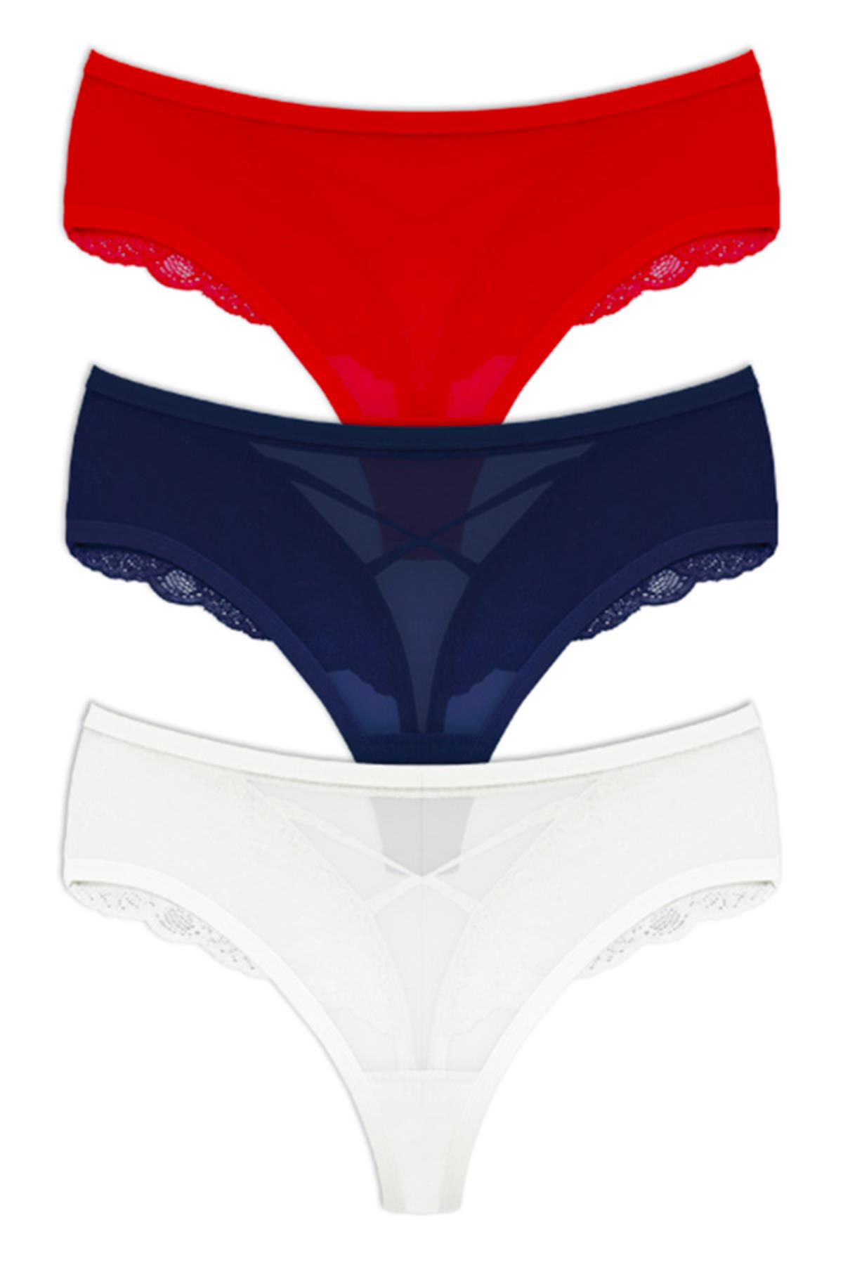 Dantel ve İp Detaylı Tül Büyük Beden Tanga Külot 3lü Paket