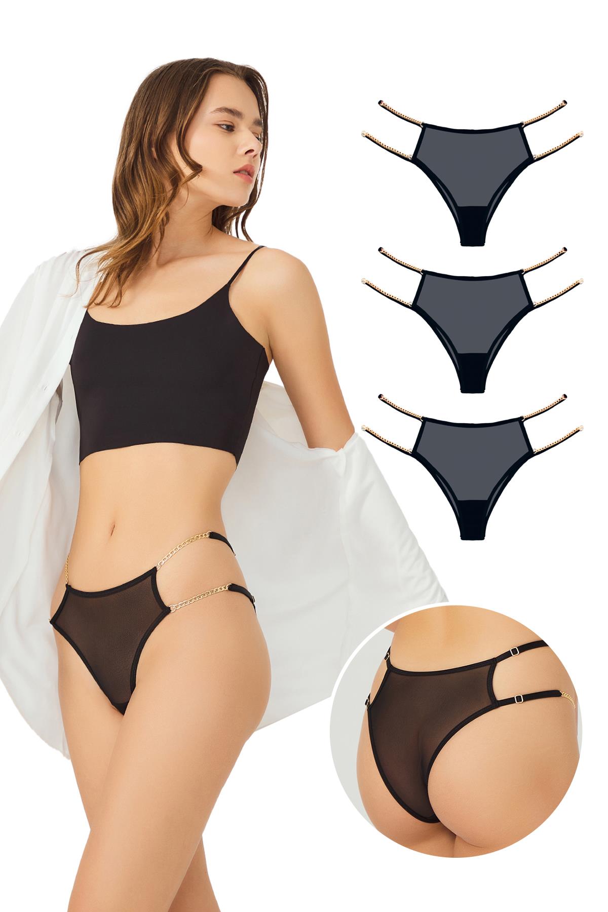 Tüllü Ayarlanabilir Lastikli Kadın Brezilya Külot 3lü Paket
