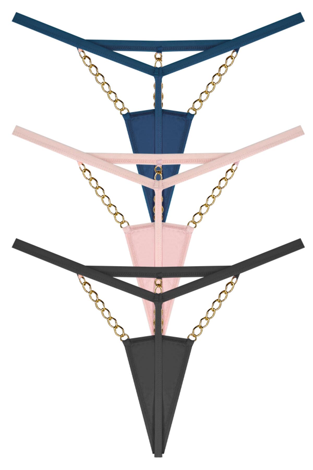 Tüllü Zincir Detaylı Kadın String Külot 3lü Paket