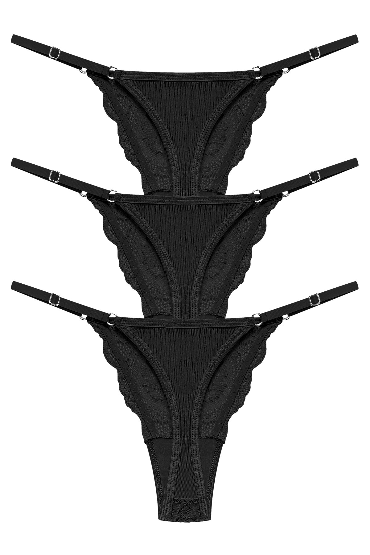 Önü Dantelli Tül Detaylı Kadın Tanga 3lü Paket Külot - 4