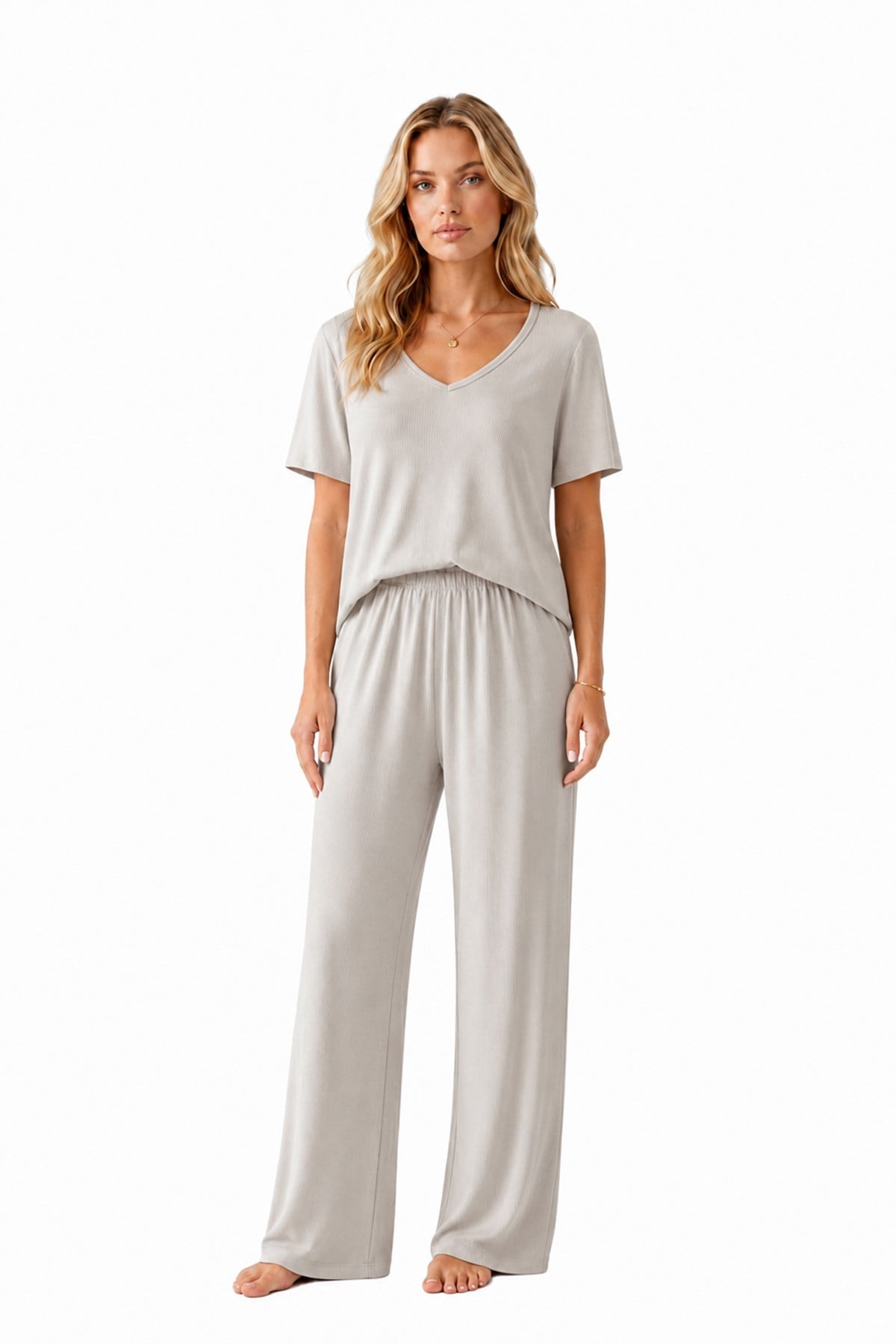 Premium - Neat Collection | Gri Rib Dokulu V Yaka Modal Viskon Bol Paça Kadın Pijama Takımı