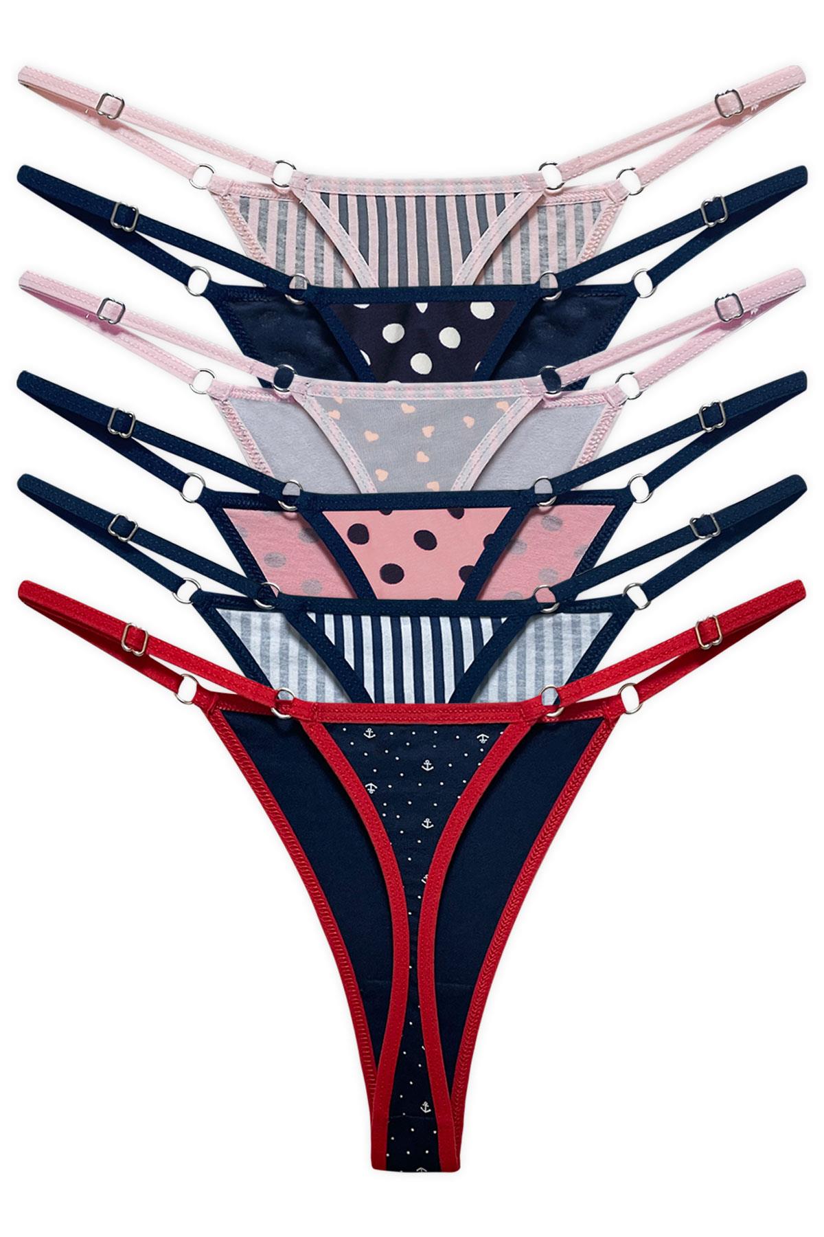 Desenli Basic Pamuklu Beli Ayarlanır Kadın Tanga Külot 6lı Paket