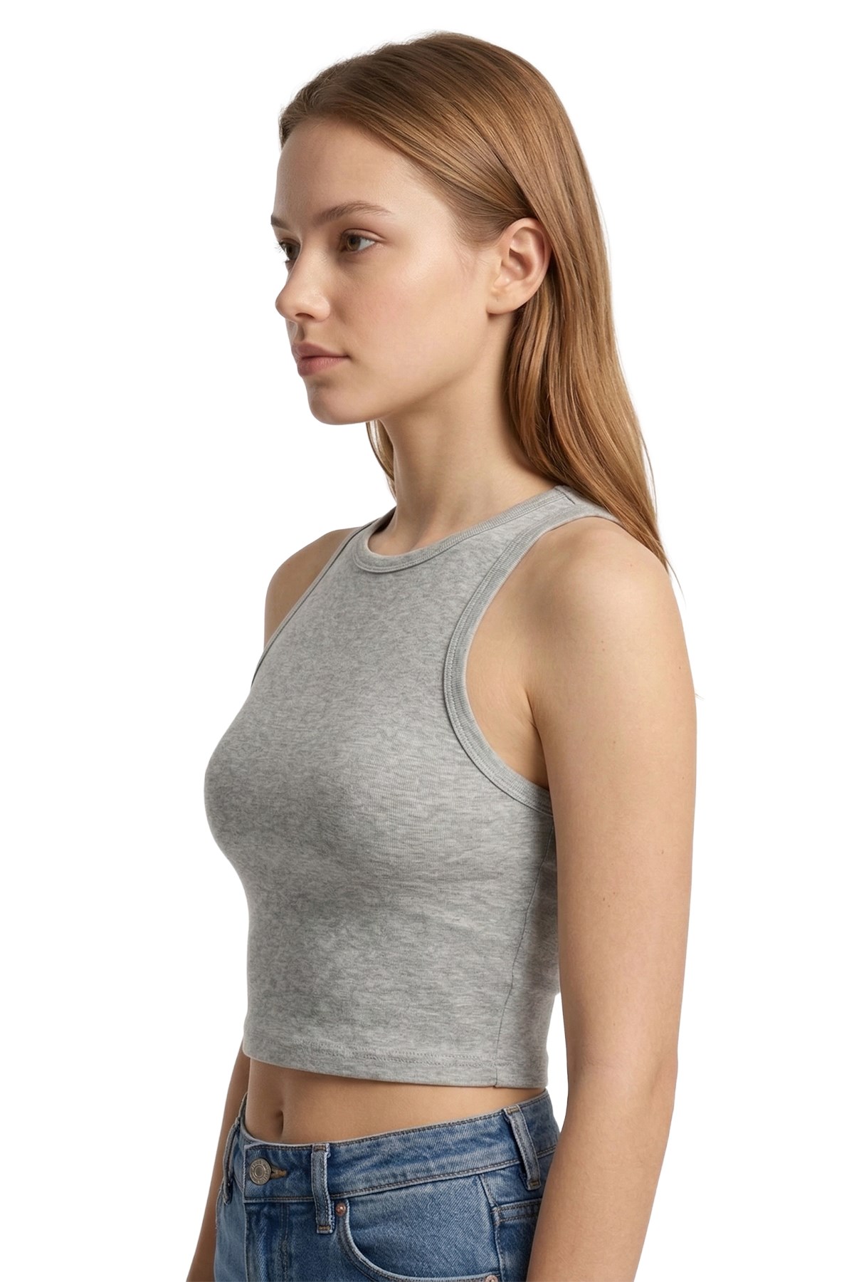 Gri Melanj Viskon Bisiklet Yaka Kolsuz Kadın Crop Atlet