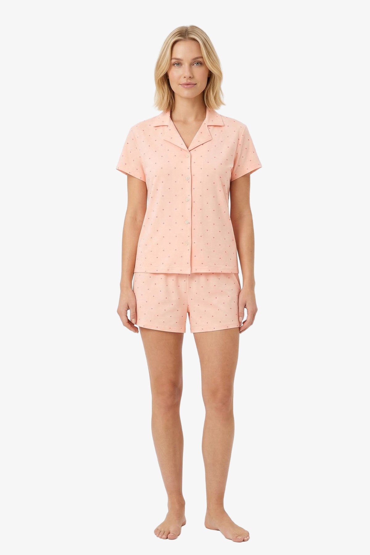 Pudra Puantiyeli Yumuşak Dokulu Gömlek Yaka Kadın Şortlu Pijama Takımı