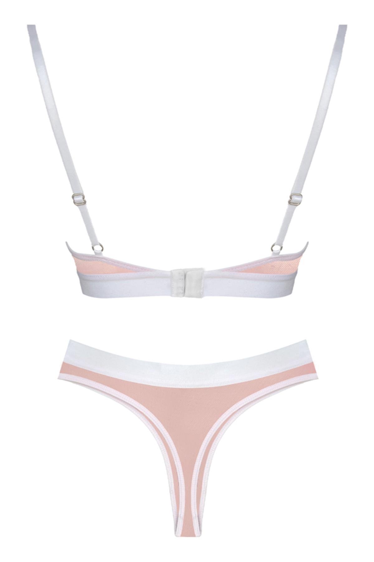 Pudra Beyaz Lastik Detaylı Transparan Tüllü Ayarlanabilir Askılı Kadın Sütyen Takımı