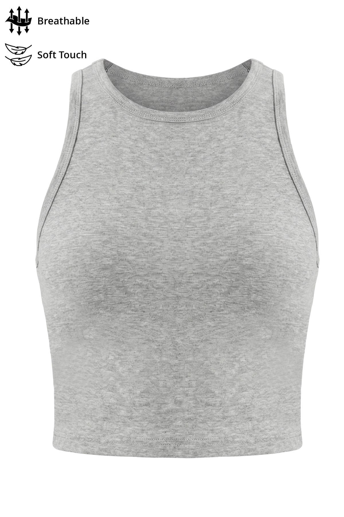 Gri Melanj Viskon Bisiklet Yaka Kolsuz Kadın Crop Atlet