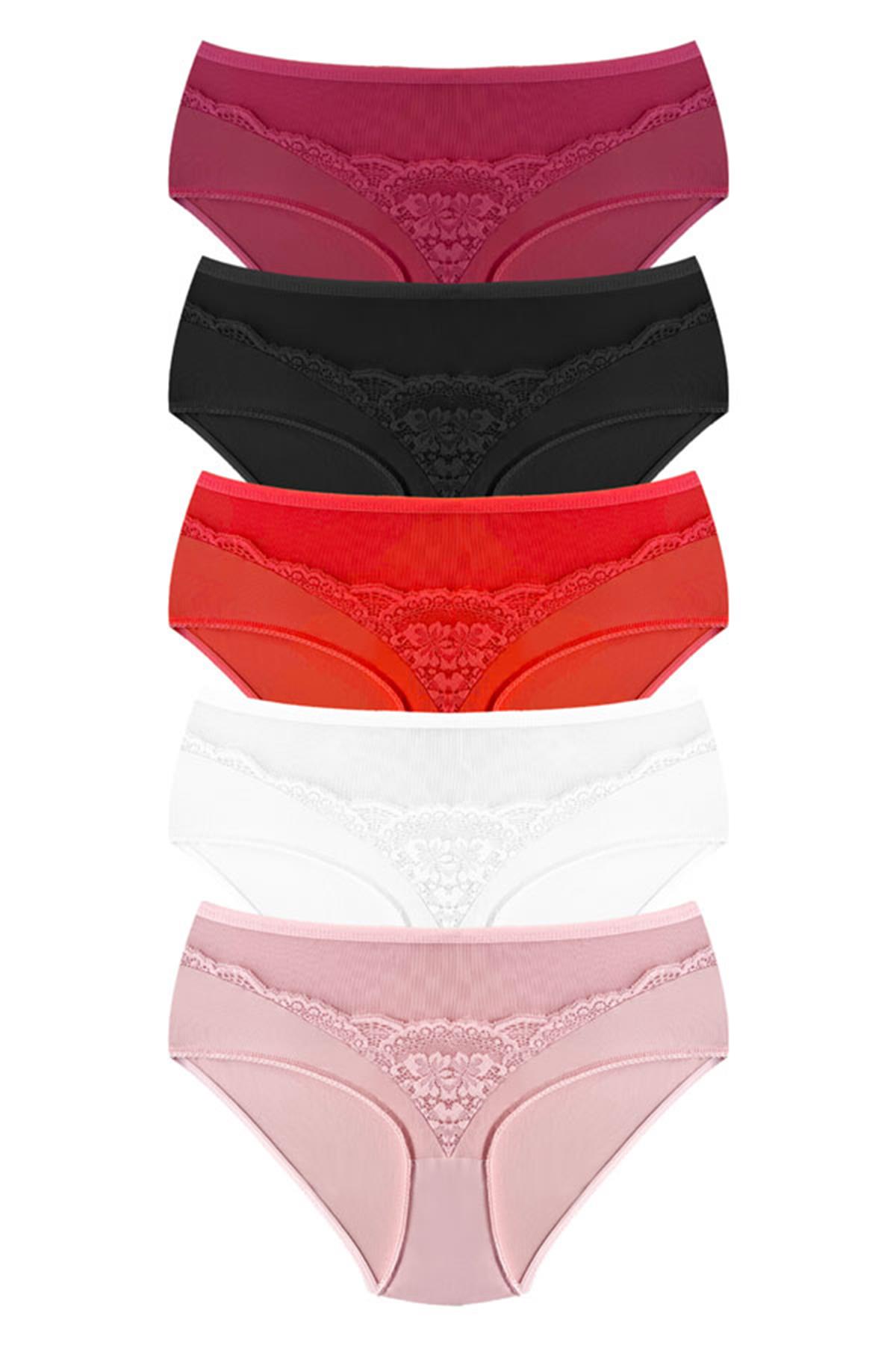 Transparan Tüllü Dantel Detaylı Beli Lastikli Büyük Beden Kadın Bikini Külot 5li Paket