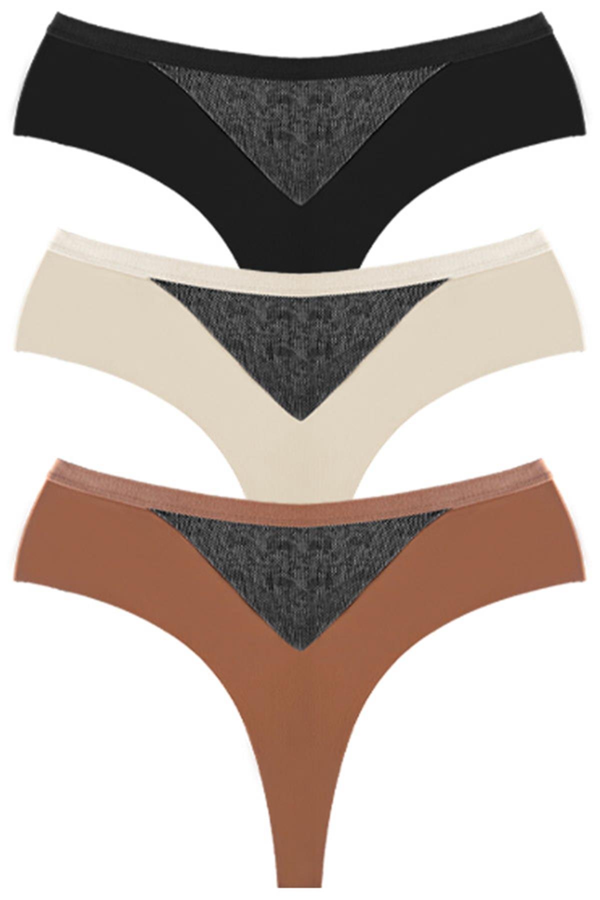 File Detaylı Beli Lastikli Lazer Kesim Büyük Beden Kadın Tanga Külot 3lü Paket